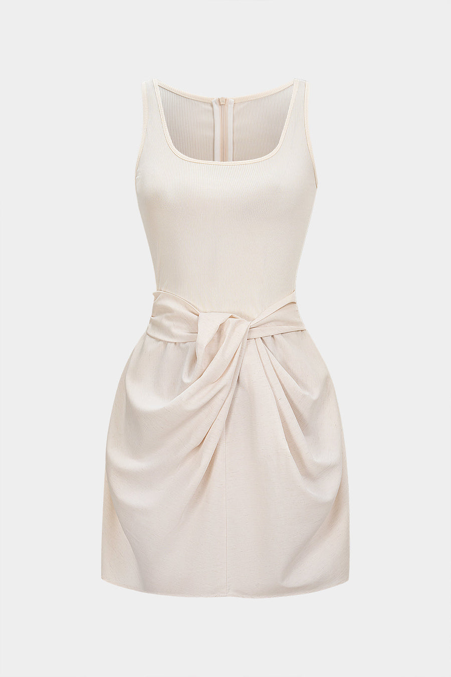 U-Neck Ruched Zipper Mini Dress
