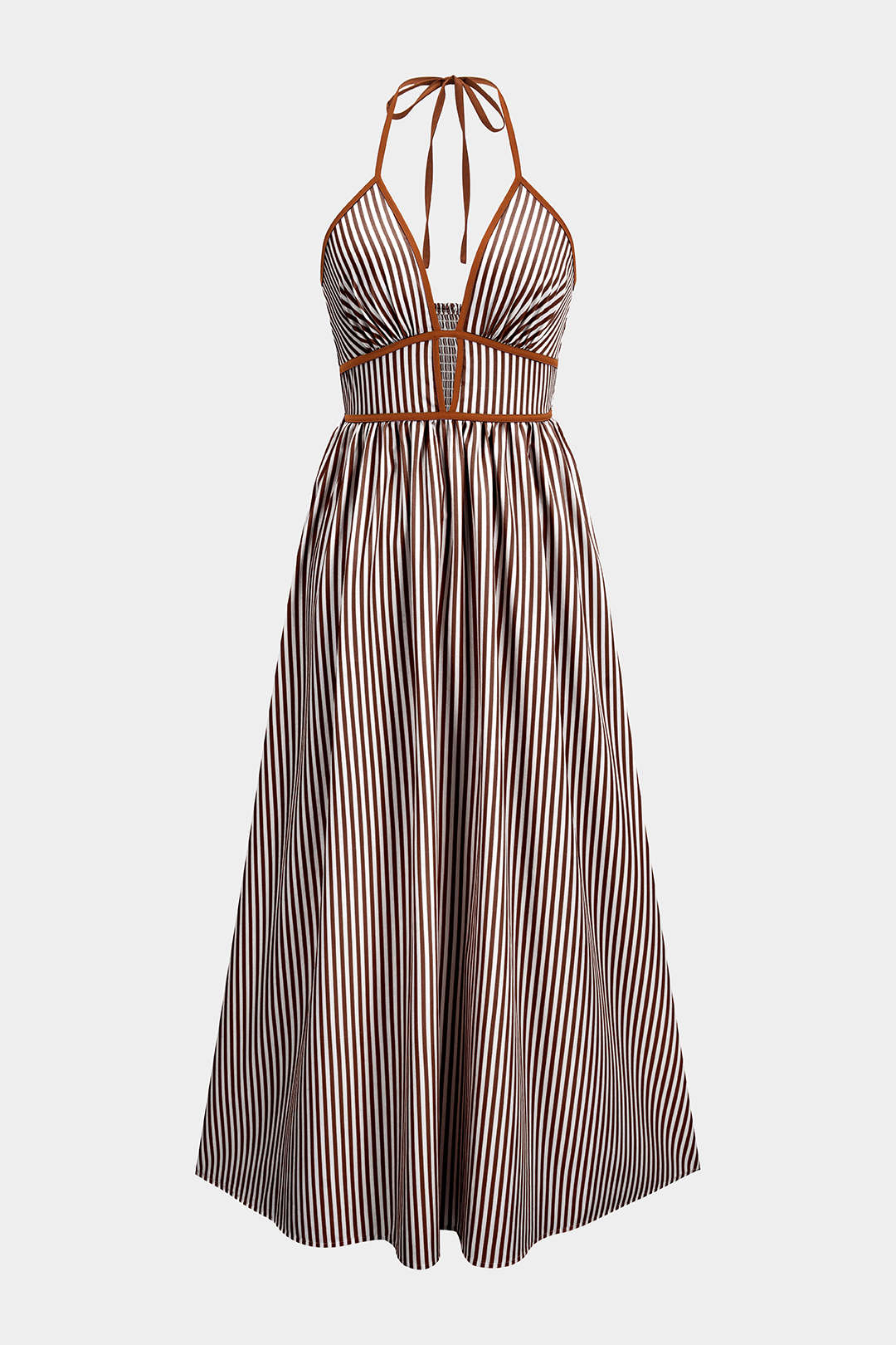 Contrast Stripes Print V-Neck Halter Neck Sleeveless Maxi Dress