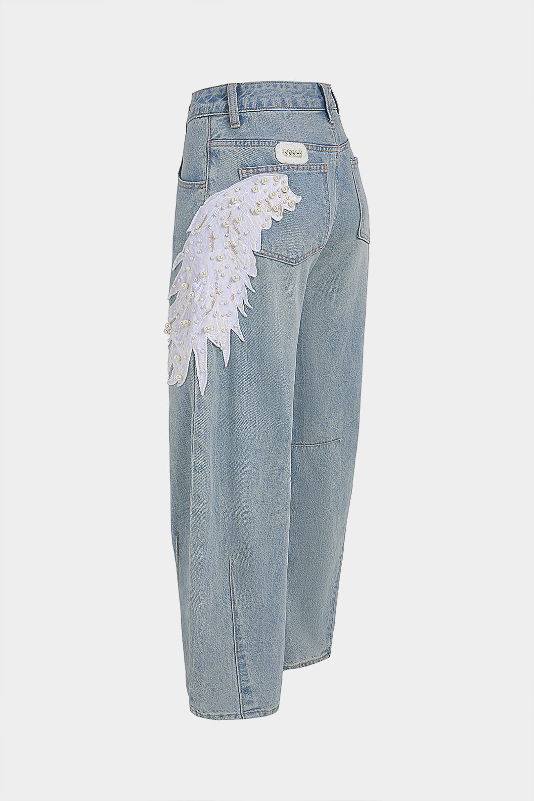 Denim Feather Pearls Decor Wide Leg Jeans