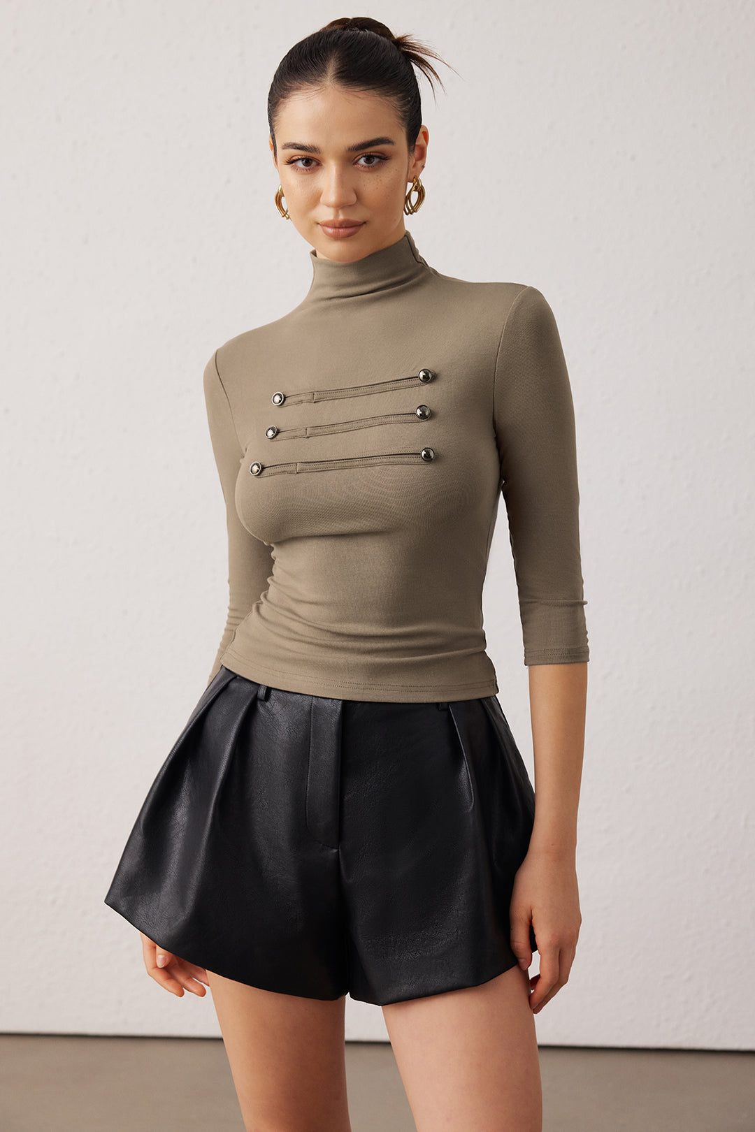 Mock Neck Napoleon Button Short Sleeve T-Shirt