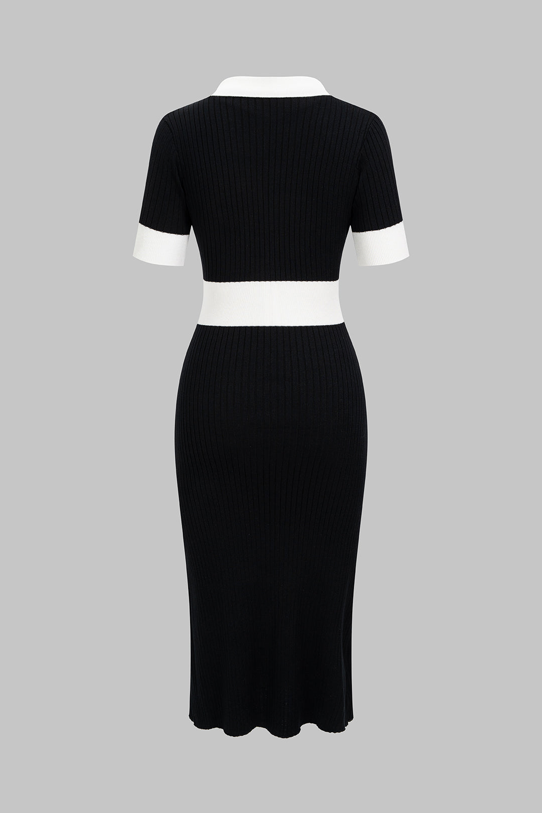 Knit Contrast Polo Collar Button Short Sleeve Midi Dress