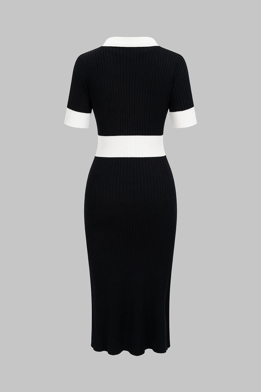 Knit Contrast Polo Collar Button Short Sleeve Midi Dress