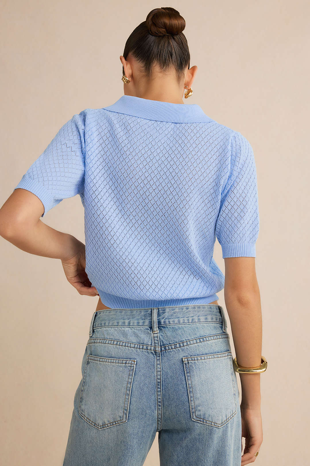 Solid Polo Callor Cut Out Short Sleeve Top