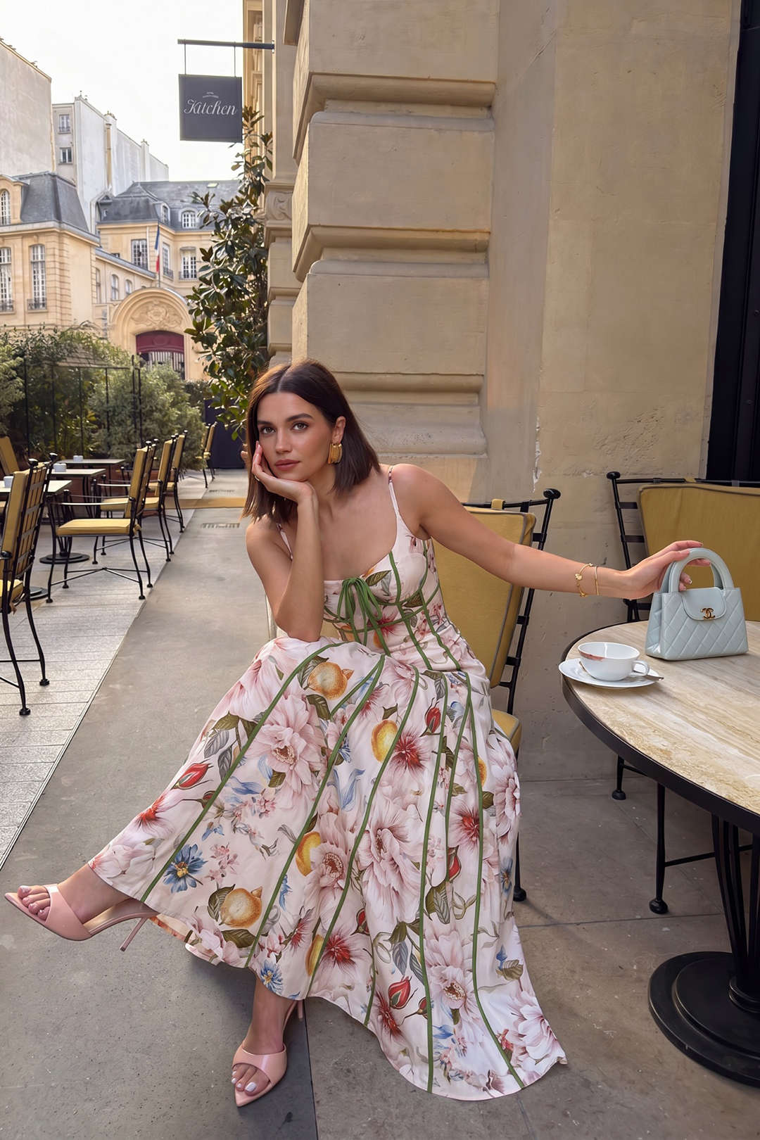 Floral Leaves Print Contrast Trim Tie-Up Slip Sleeveless Maxi Dress