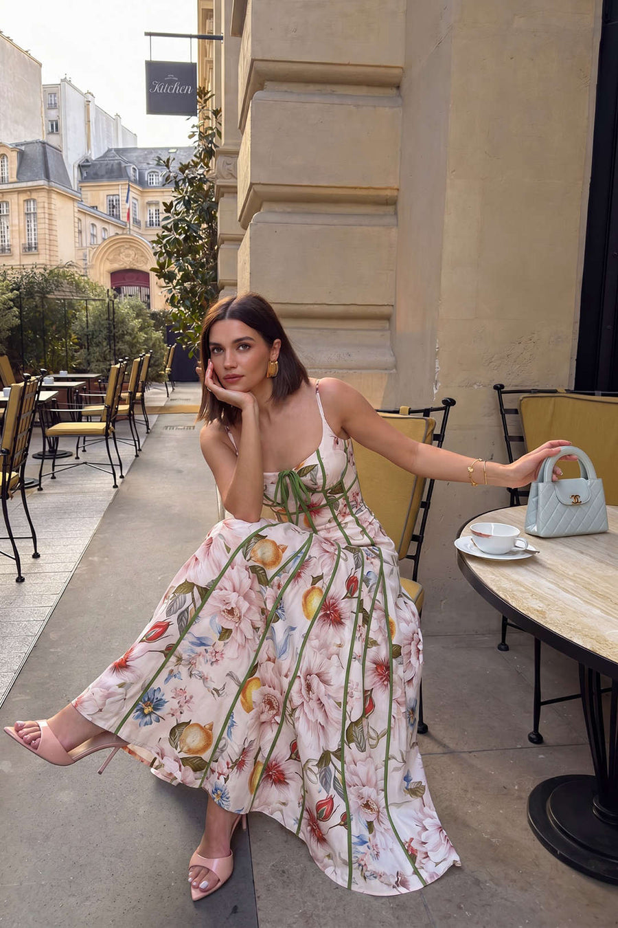 Floral Leaves Print Contrast Trim Tie-Up Slip Sleeveless Maxi Dress