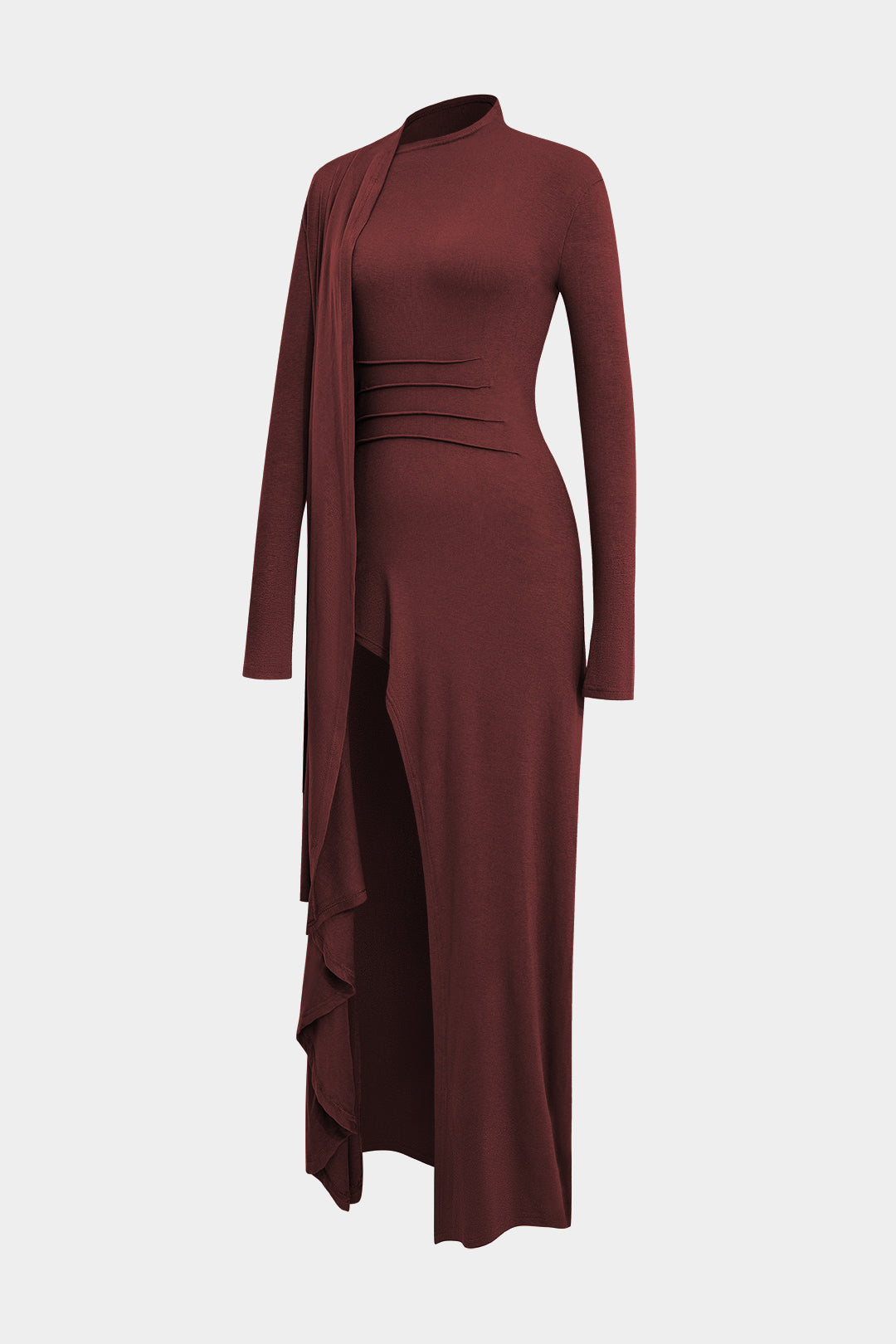 Mock Neck Wrap Ruched Long Sleeve Slit Maxi Dress