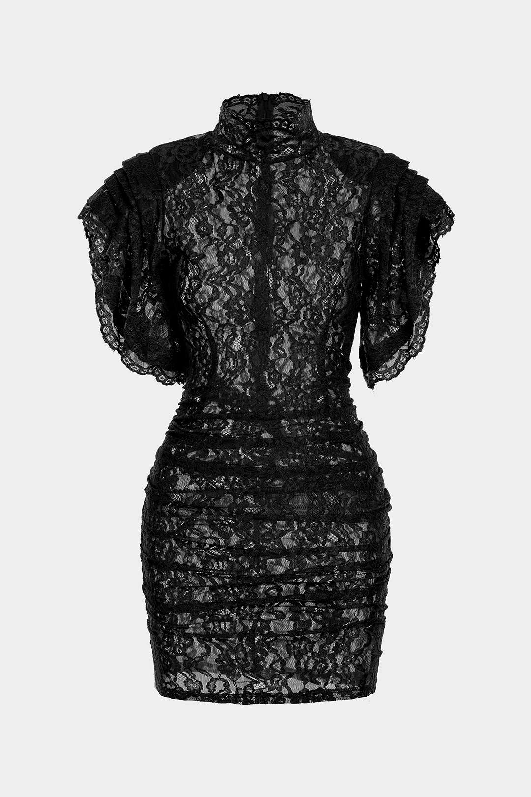 Sheer Lace Mock Neck Ruched Short Sleeve Mini Dress
