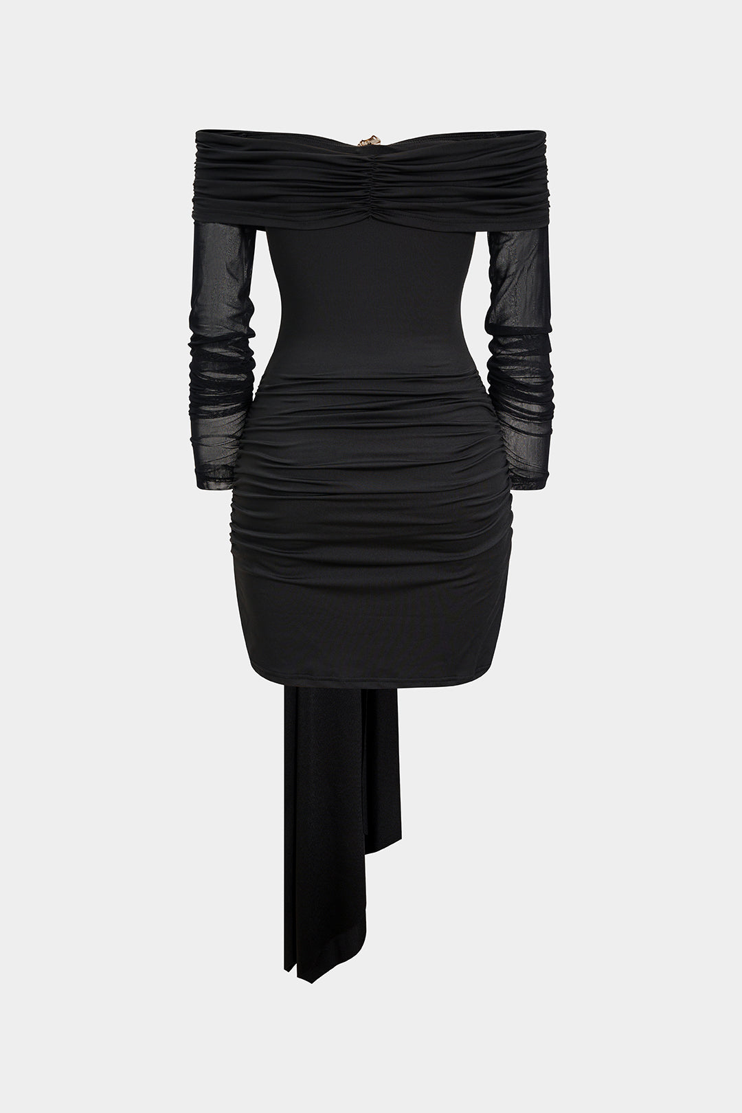 Off Shoulder Sheer Metallic Decor Ruched Long Sleeve Mini Dress