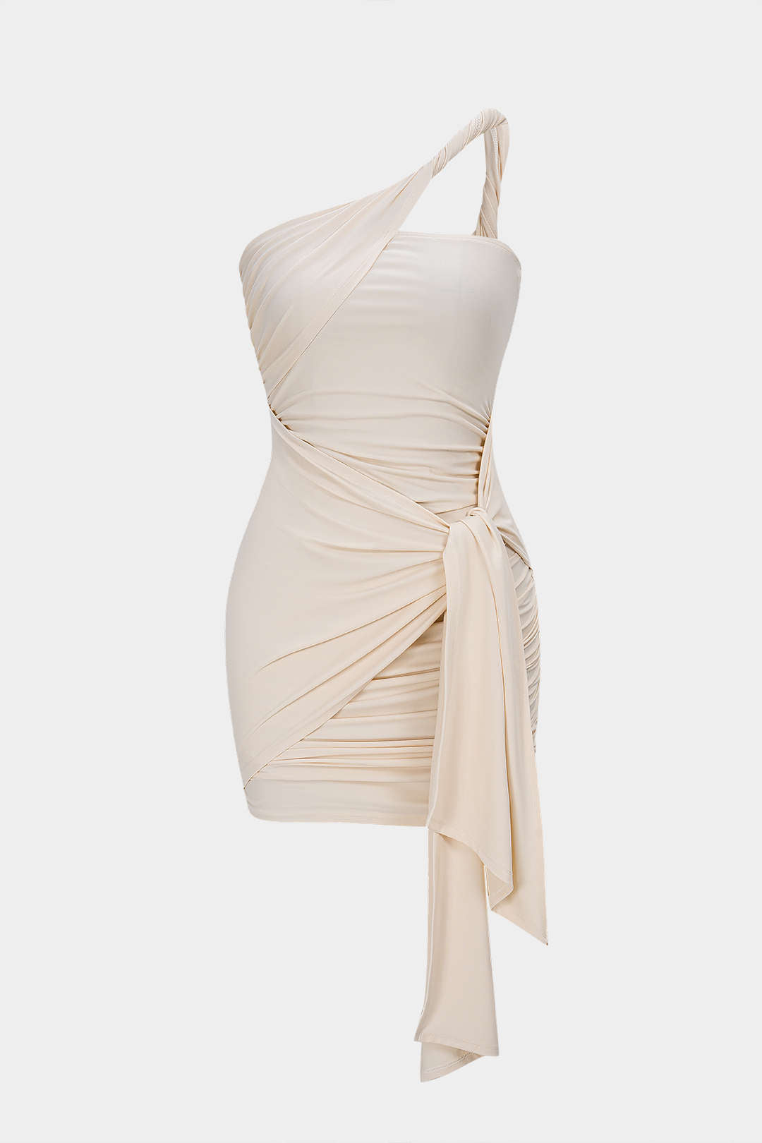 One Shoulder Twist Knot Asymmetrical Tie-Up Ruched Sleeveless Mini Dress