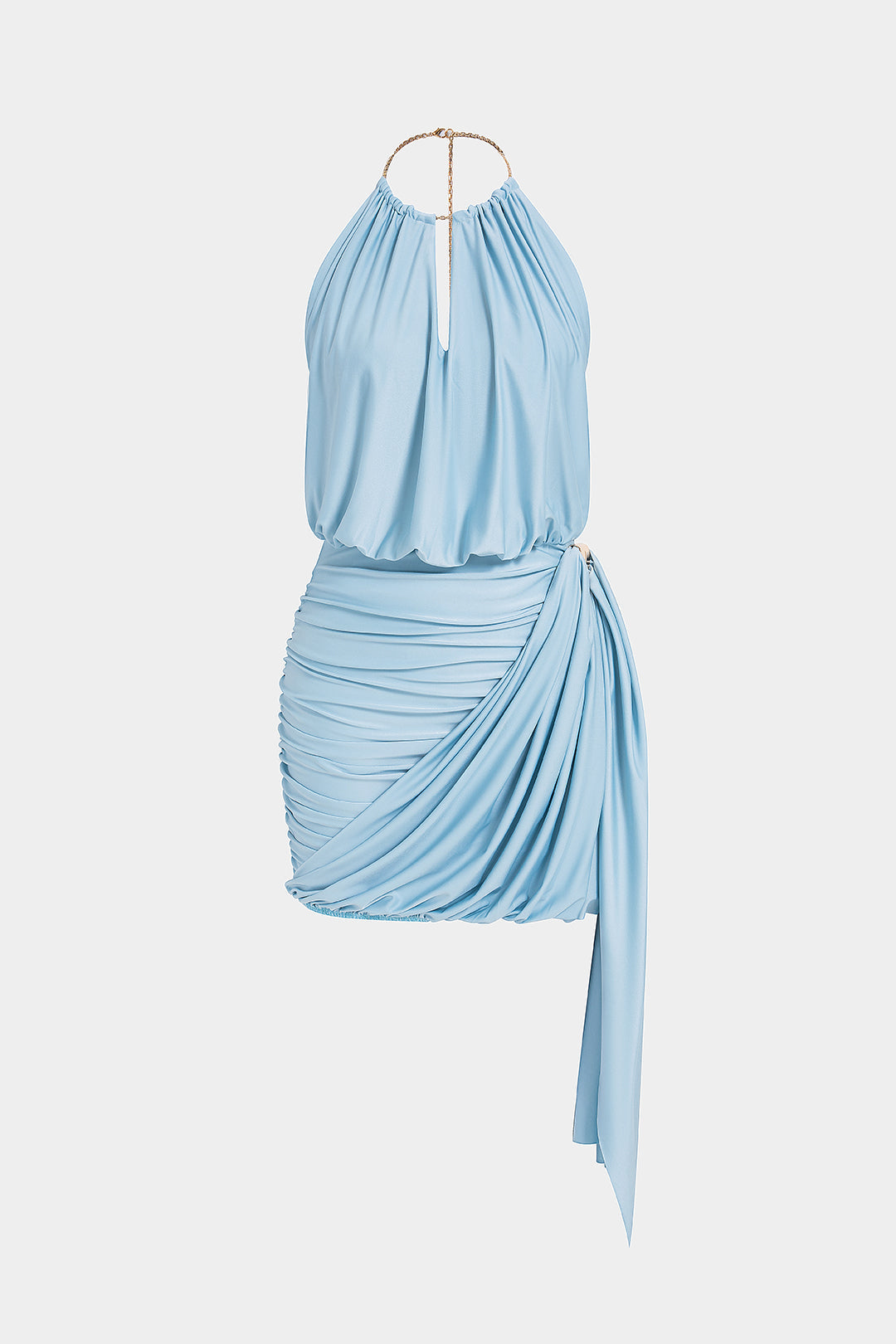 Halter V-Neck Metallic Tie-Up Ruched Mini Dress