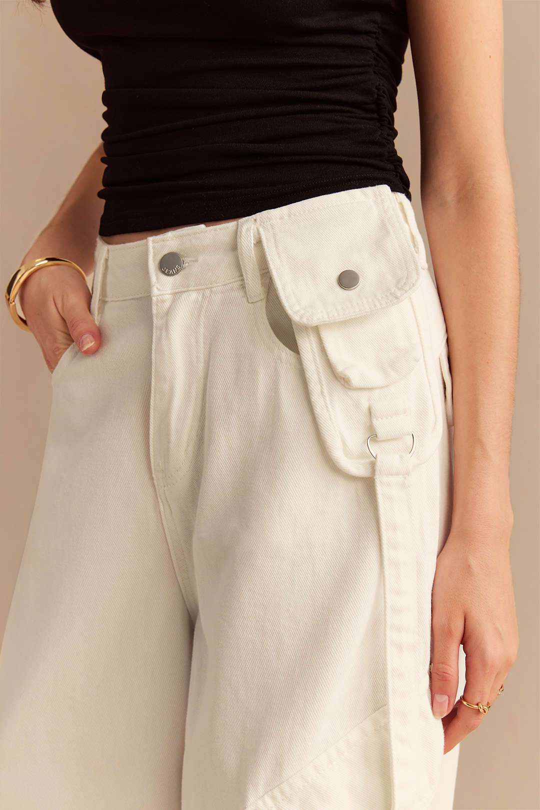 Denim Asymmetrical Pocket Wide Leg Jeans