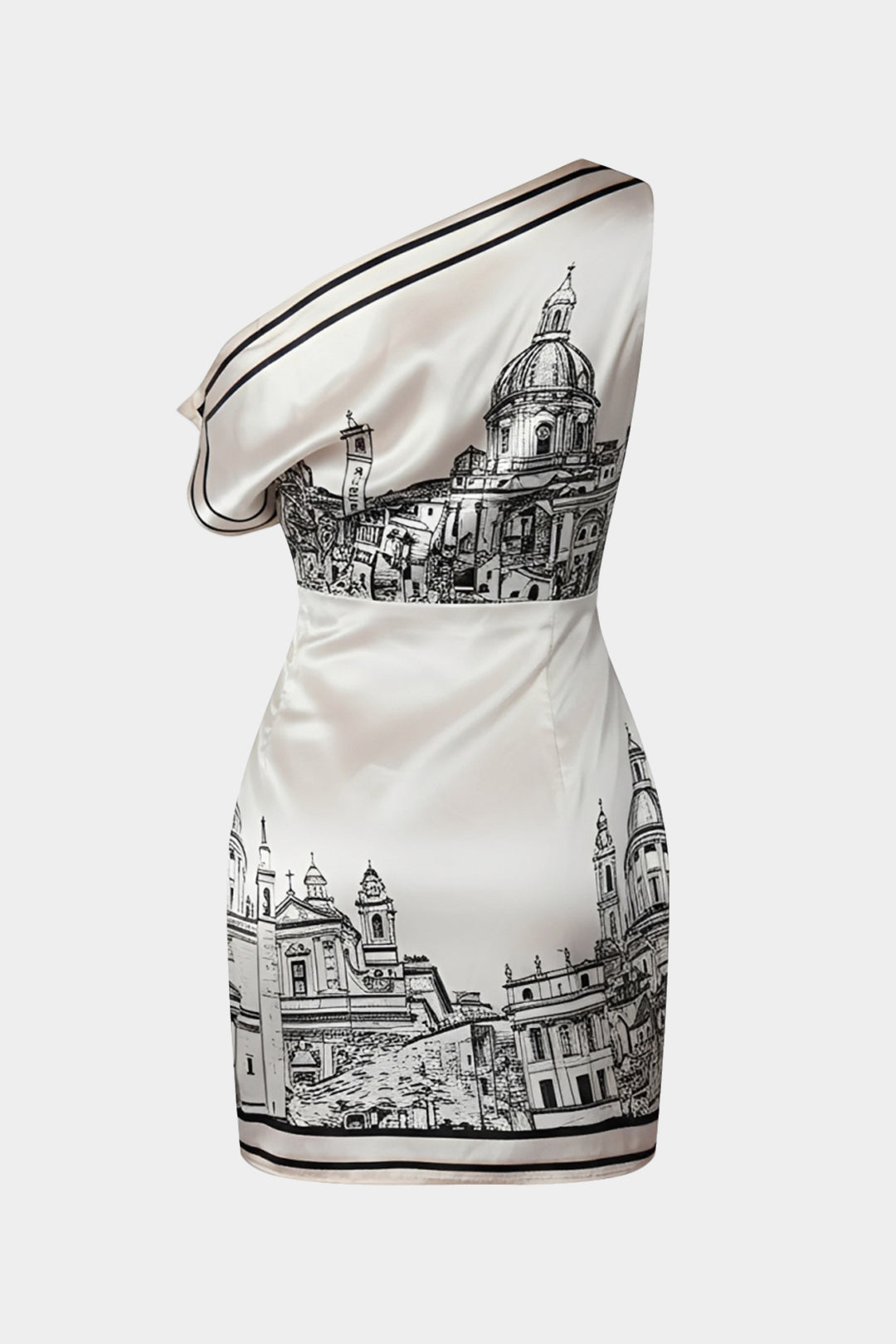 Pattern Print Satin One Shoulder Asymmetrical Tie-Up Sleeveless Midi Dress