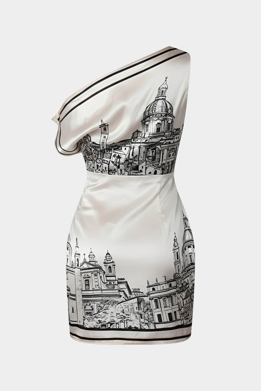 Pattern Print Satin One Shoulder Asymmetrical Tie-Up Sleeveless Midi Dress