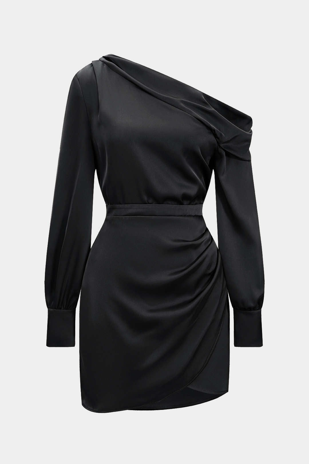 Satin Asymmetrical Neck Long Sleeve Mini Dress