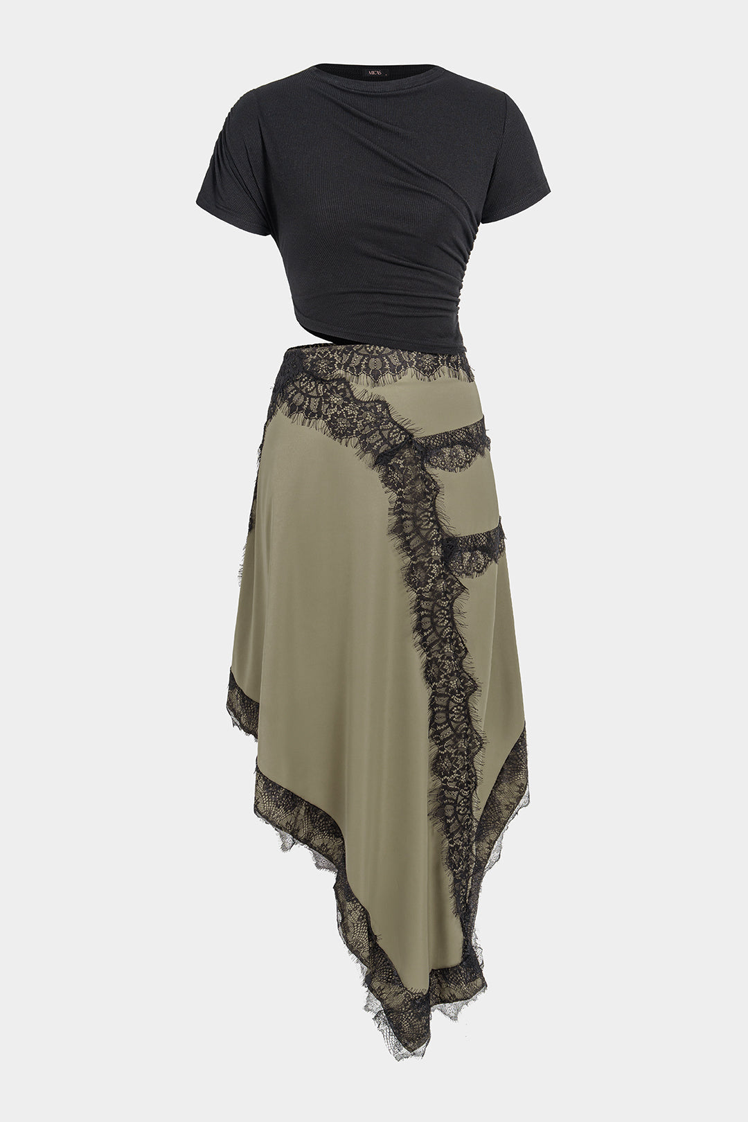 Lace Trim Asymmetrical Ruched Cut Out Short Sleeve Maxi Dress