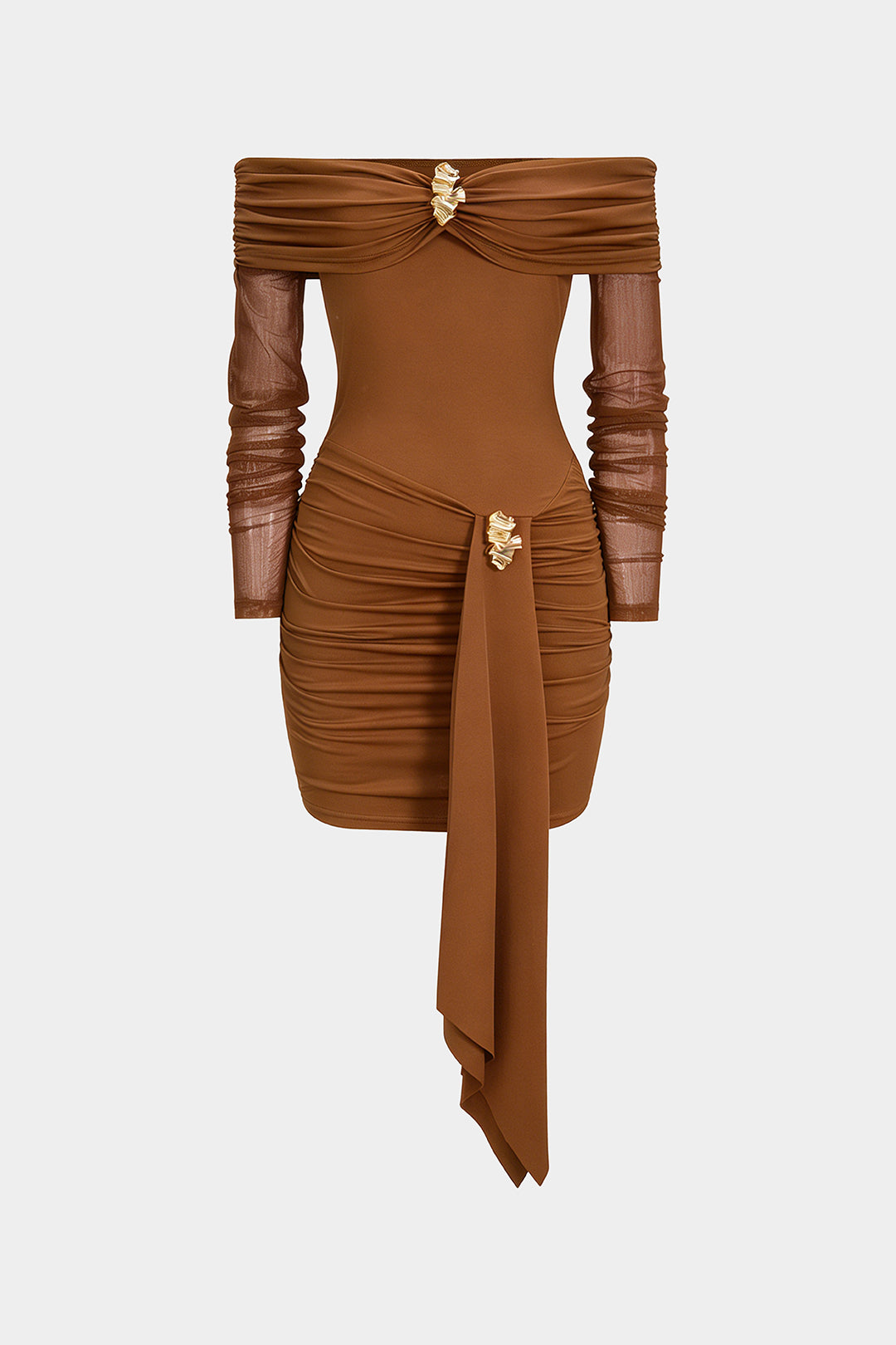 Off Shoulder Sheer Metallic Decor Ruched Long Sleeve Mini Dress
