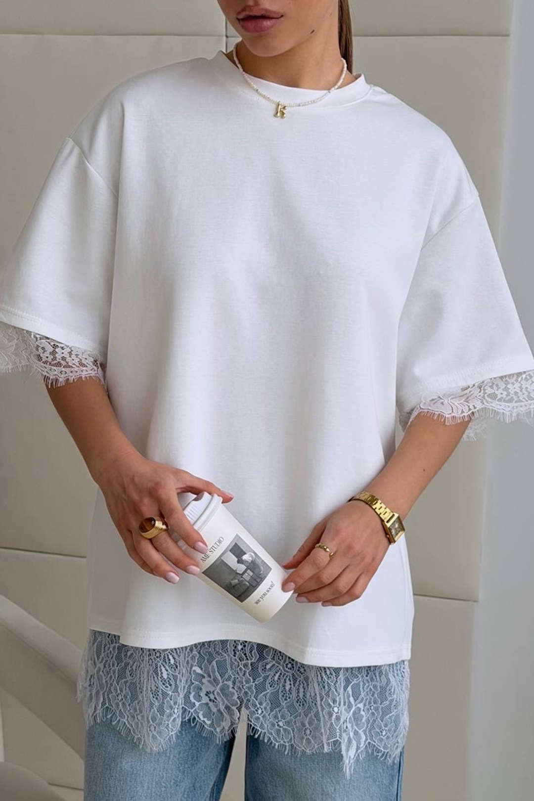 Solid Lace Patchwork Round Neck Short Sleeve T-Shirt