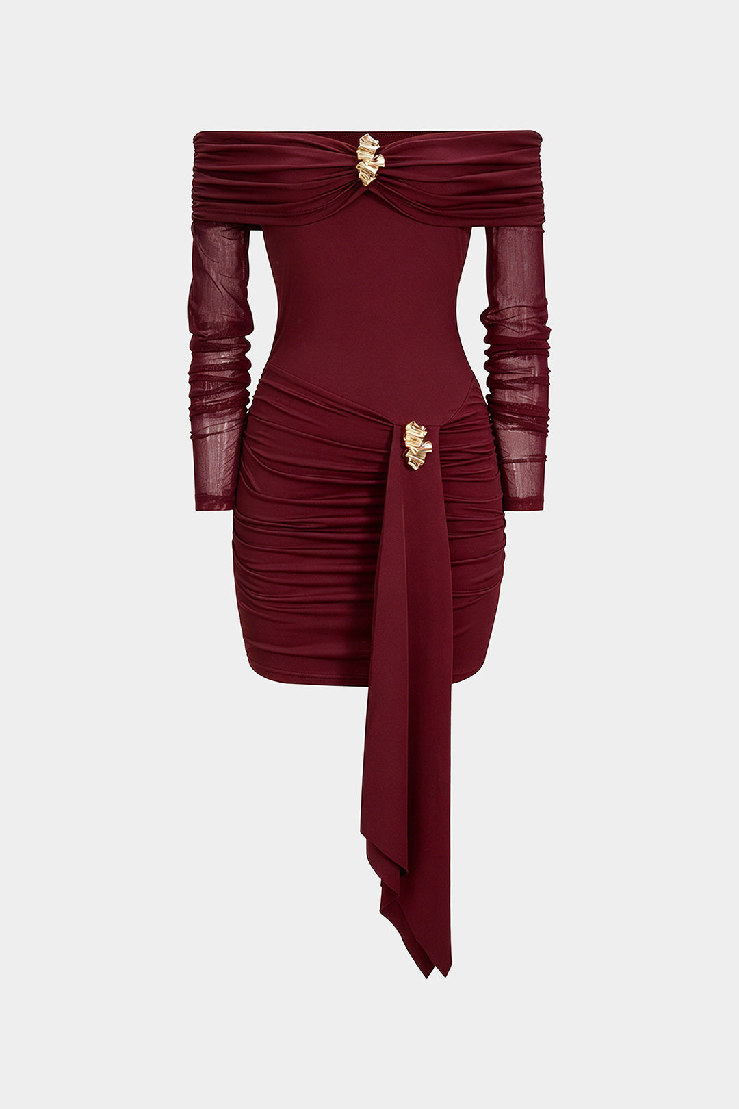 Off Shoulder Sheer Metallic Decor Ruched Long Sleeve Mini Dress