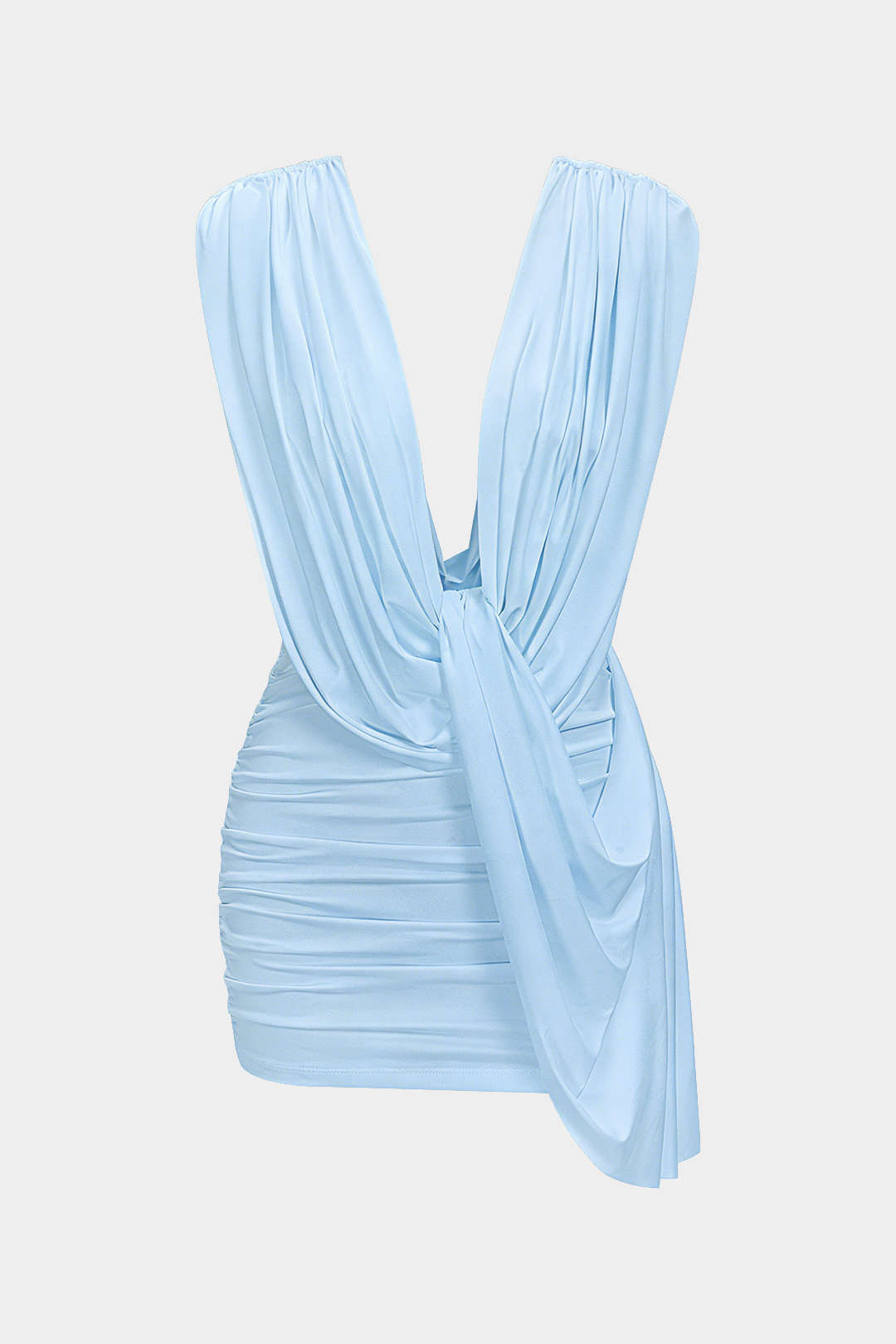 Ruched Draped Cowl Neck Asymmetrical Sleeveless Mini Dress