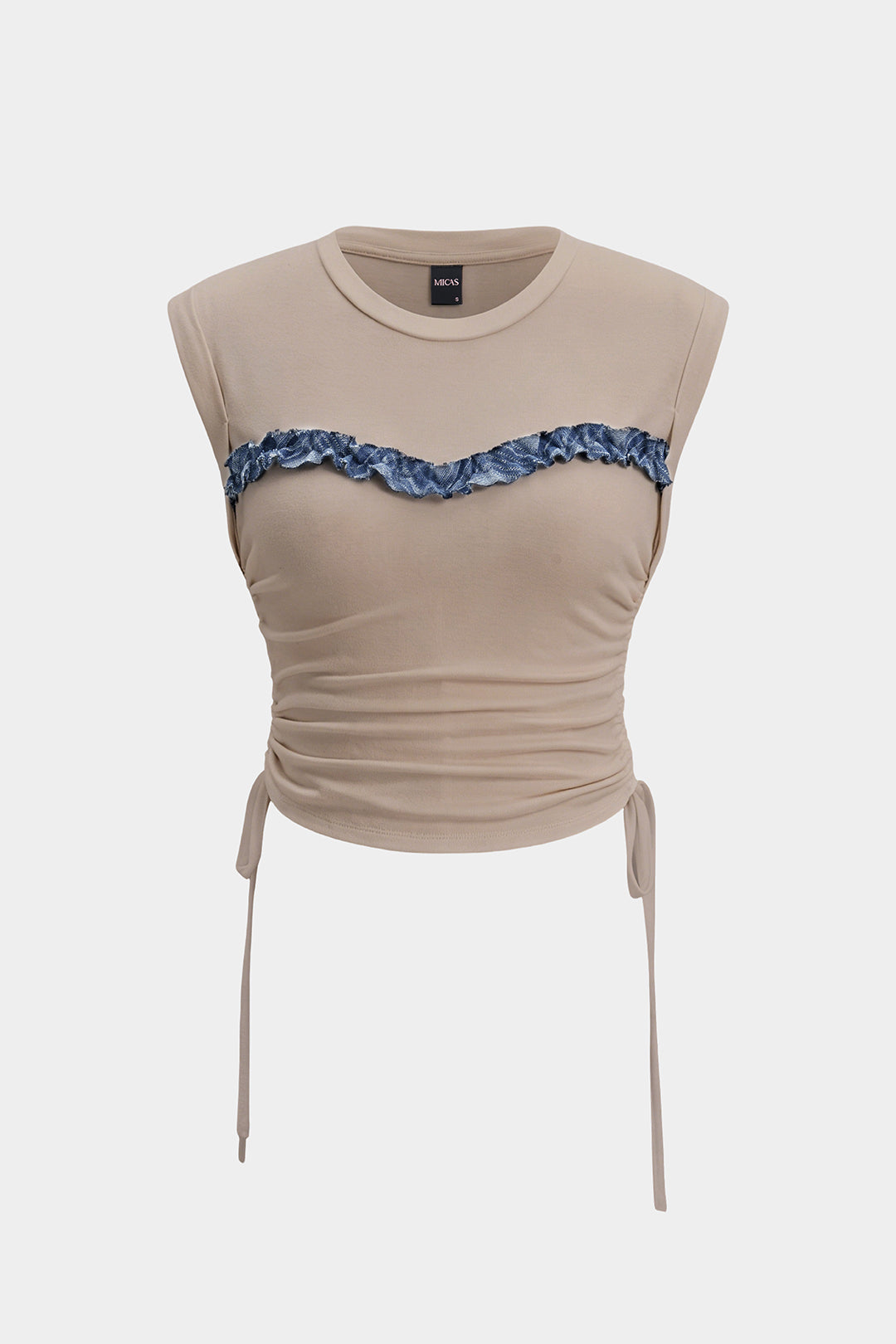 Patchwork Round Neck Tie-Up Short Sleeve T-Shirt