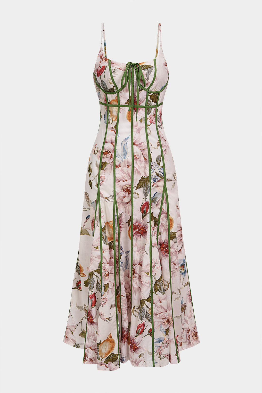 Floral Leaves Print Contrast Trim Tie-Up Slip Sleeveless Maxi Dress