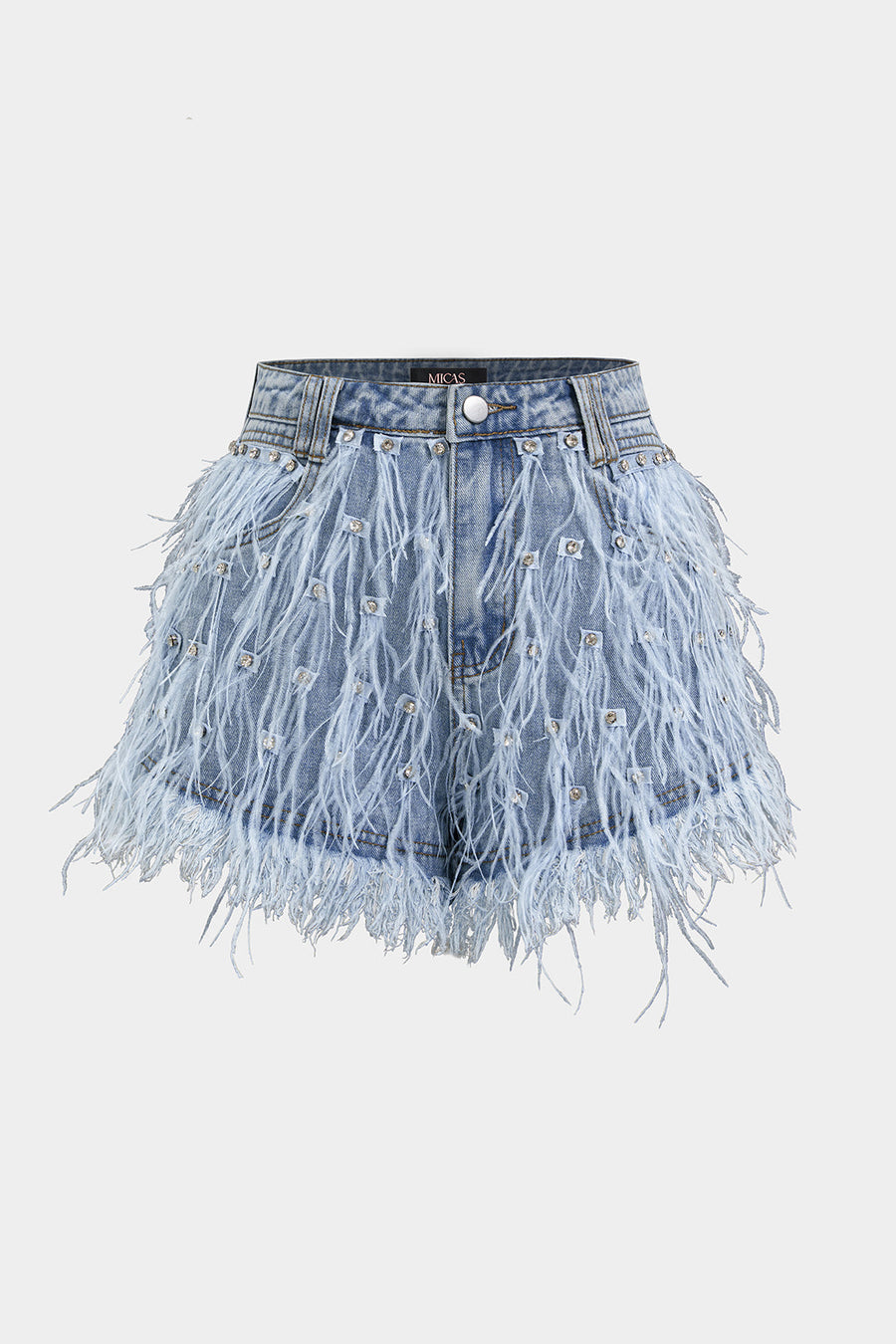 Denim Rhinestone Feather Frayed Wide Leg Shorts