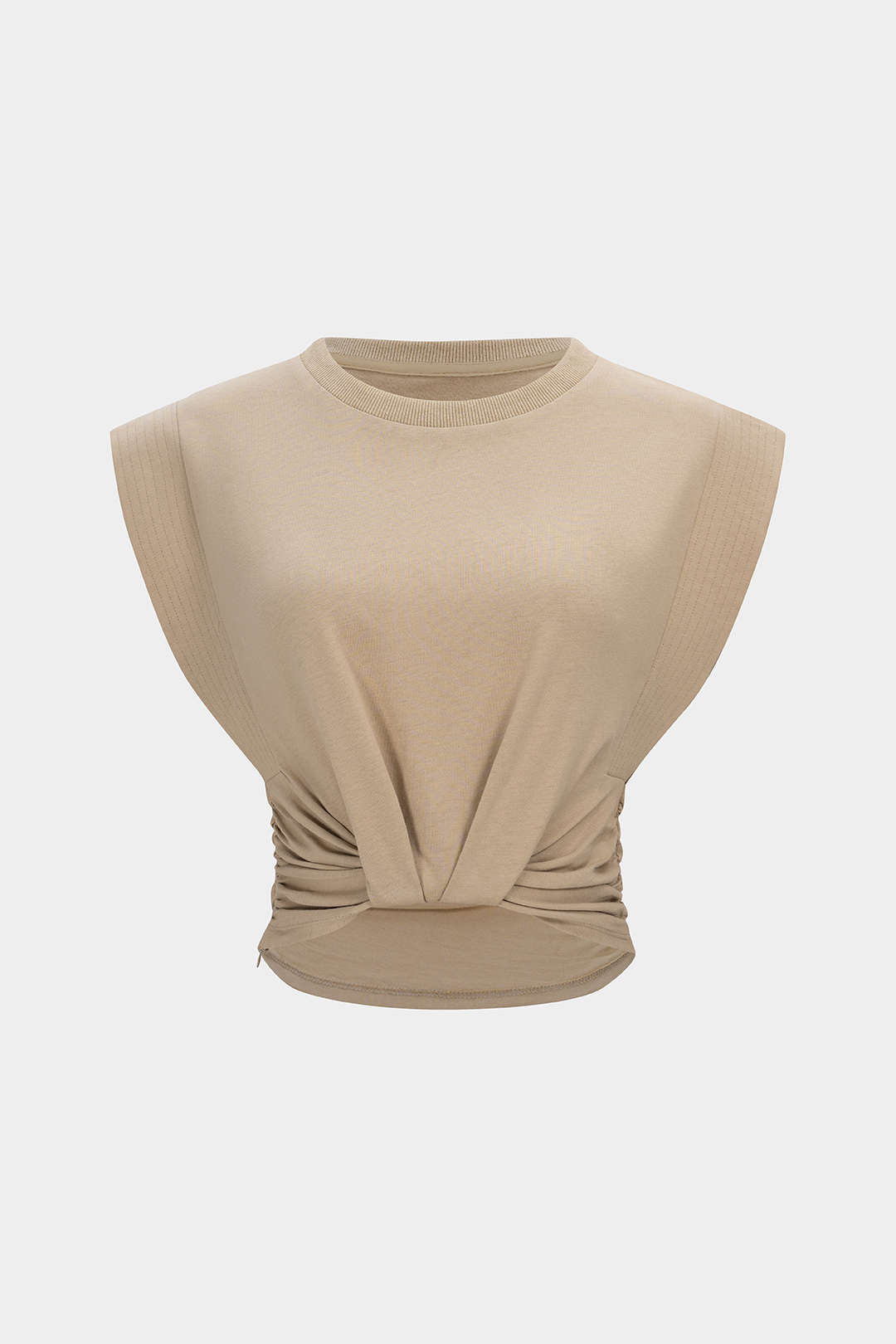 Solid Round Neck Ruched Flutter Sleeve T-Shirt
