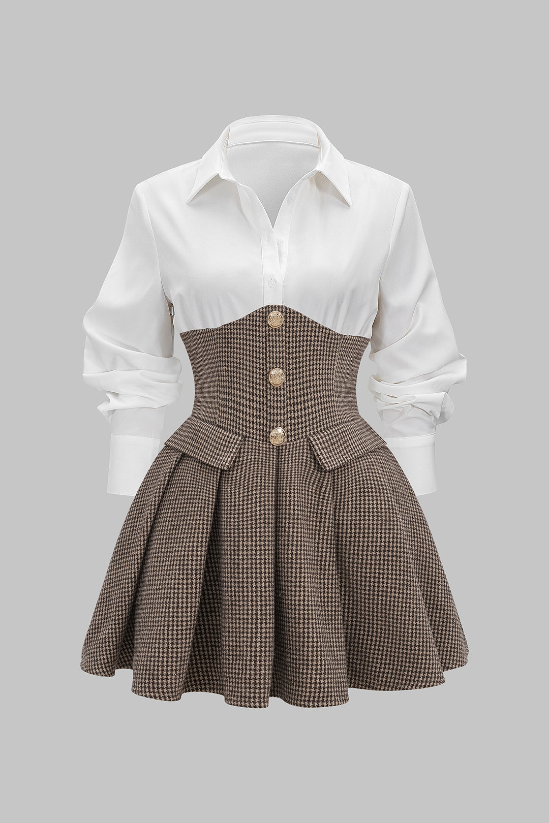 Houndstooth Print Patchwork Pleated High Waist Long-Sleeve Mini Dress
