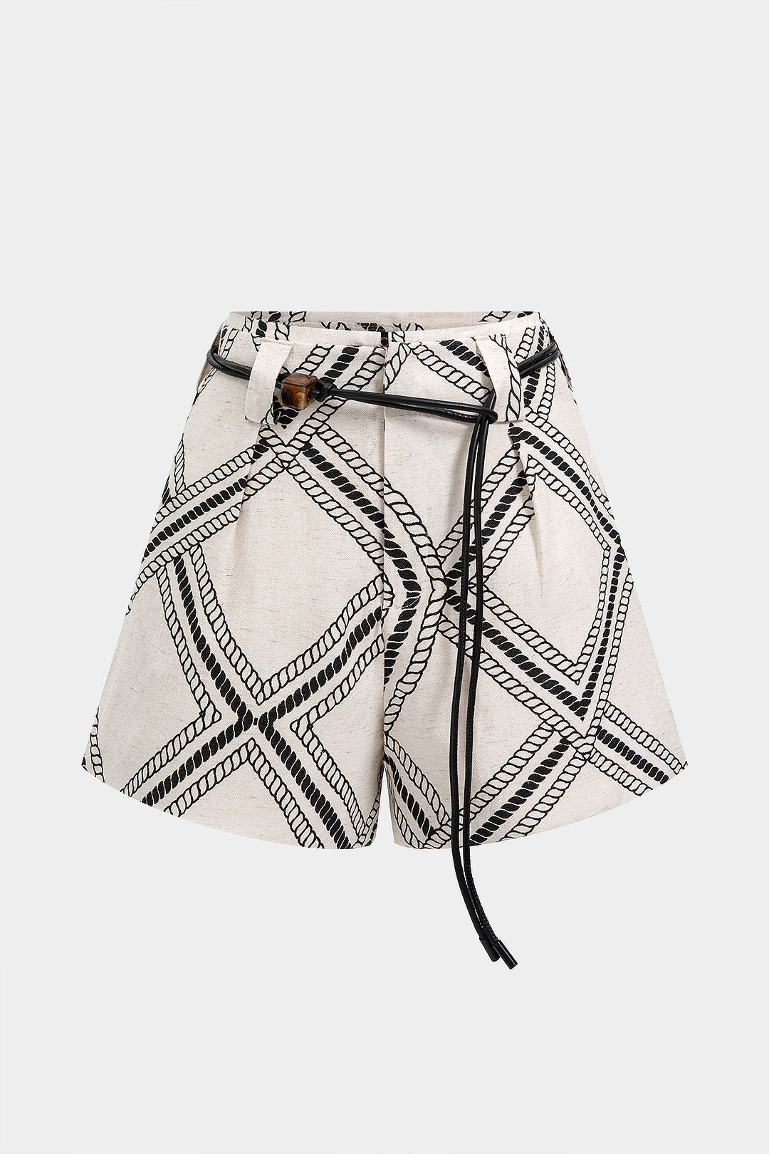 Geometric Chain Print Belted Wide Leg Shorts