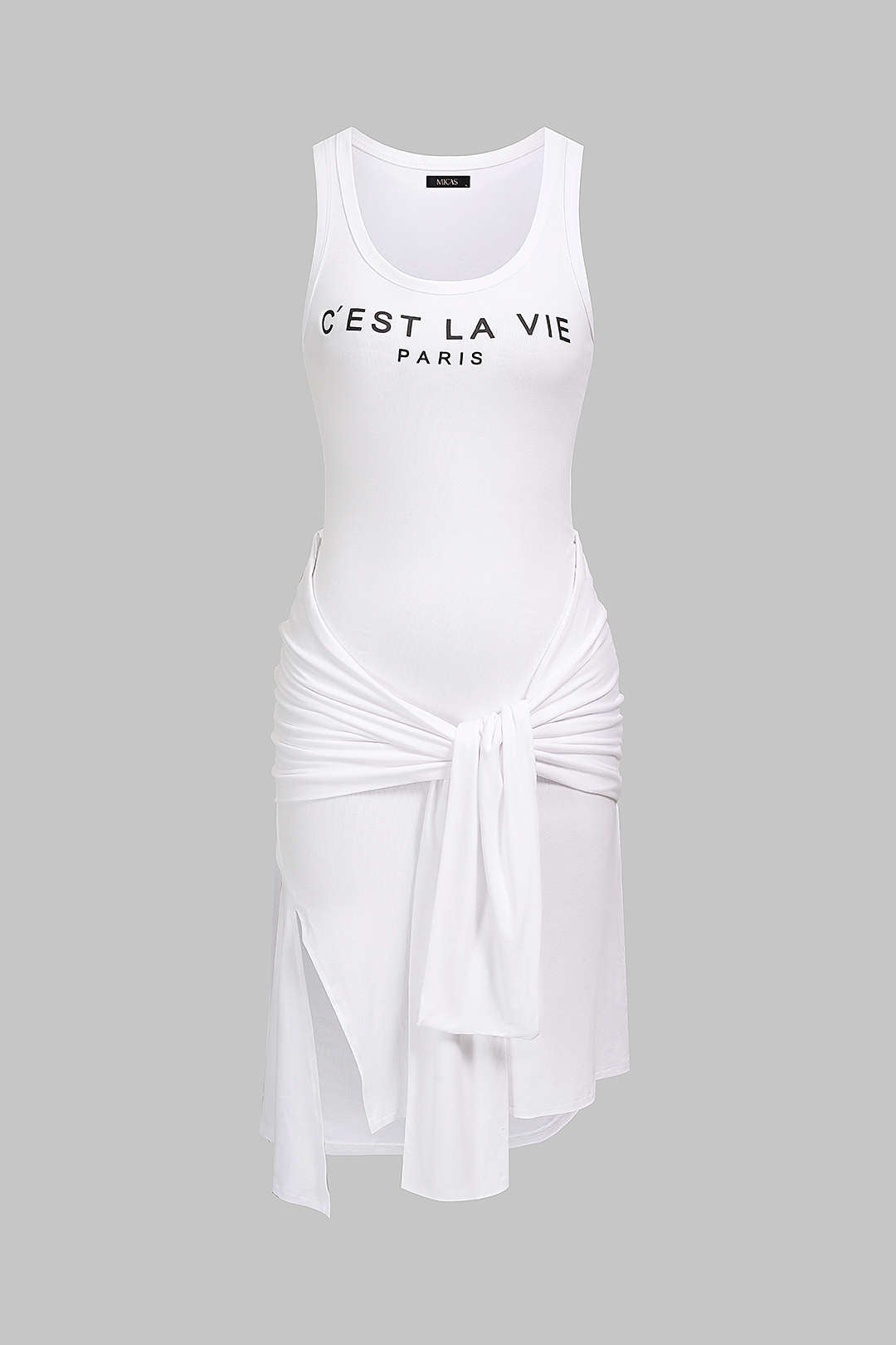 Letter Print Tie Front Round Neck Asymmetrical Slit Sleeveless Midi Dress
