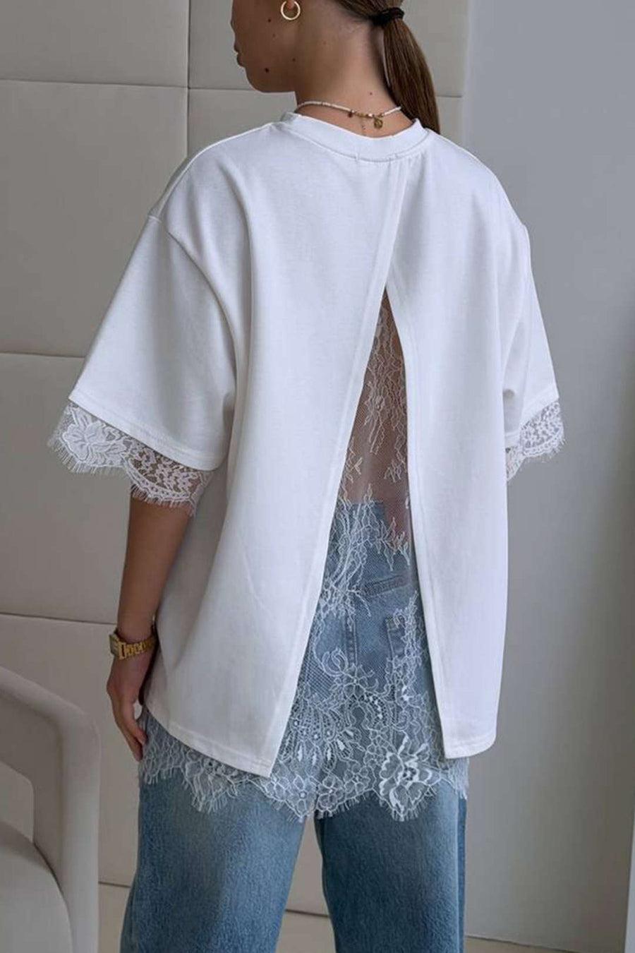 Solid Lace Patchwork Round Neck Short Sleeve T-Shirt
