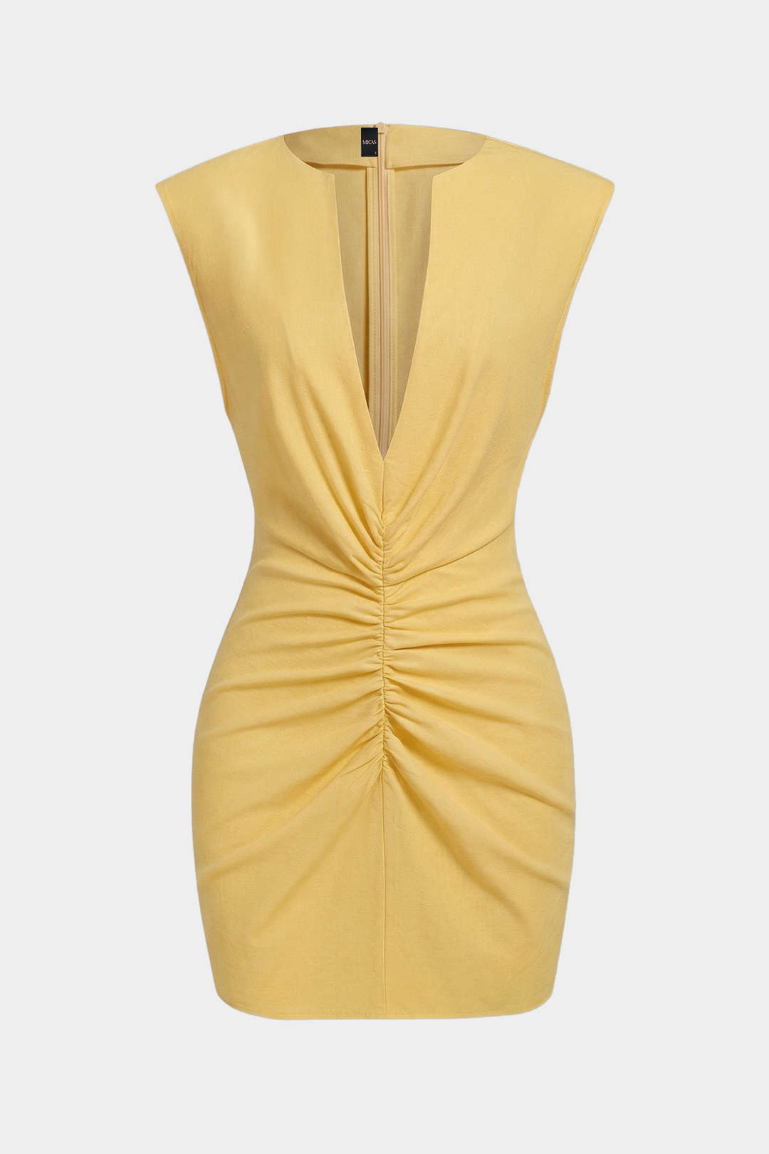 V-Neck Linen Ruched Zipper Sleeveless Mini Dress