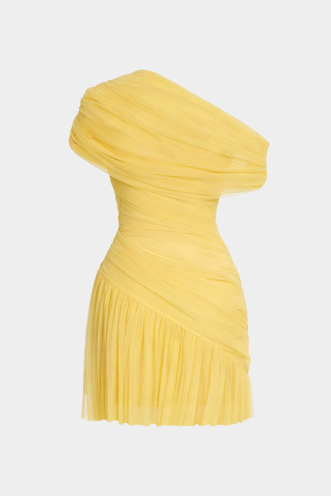 Mesh One Shoulder Asymmetrical Ruched Sleeveless Mini Dress