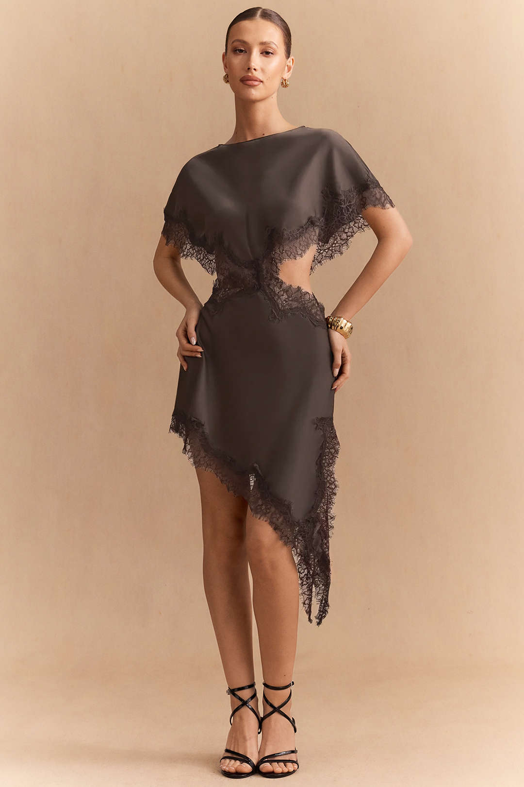 Satin Patchwork Lace Trim Cut Out Short Sleeve Midi Dress