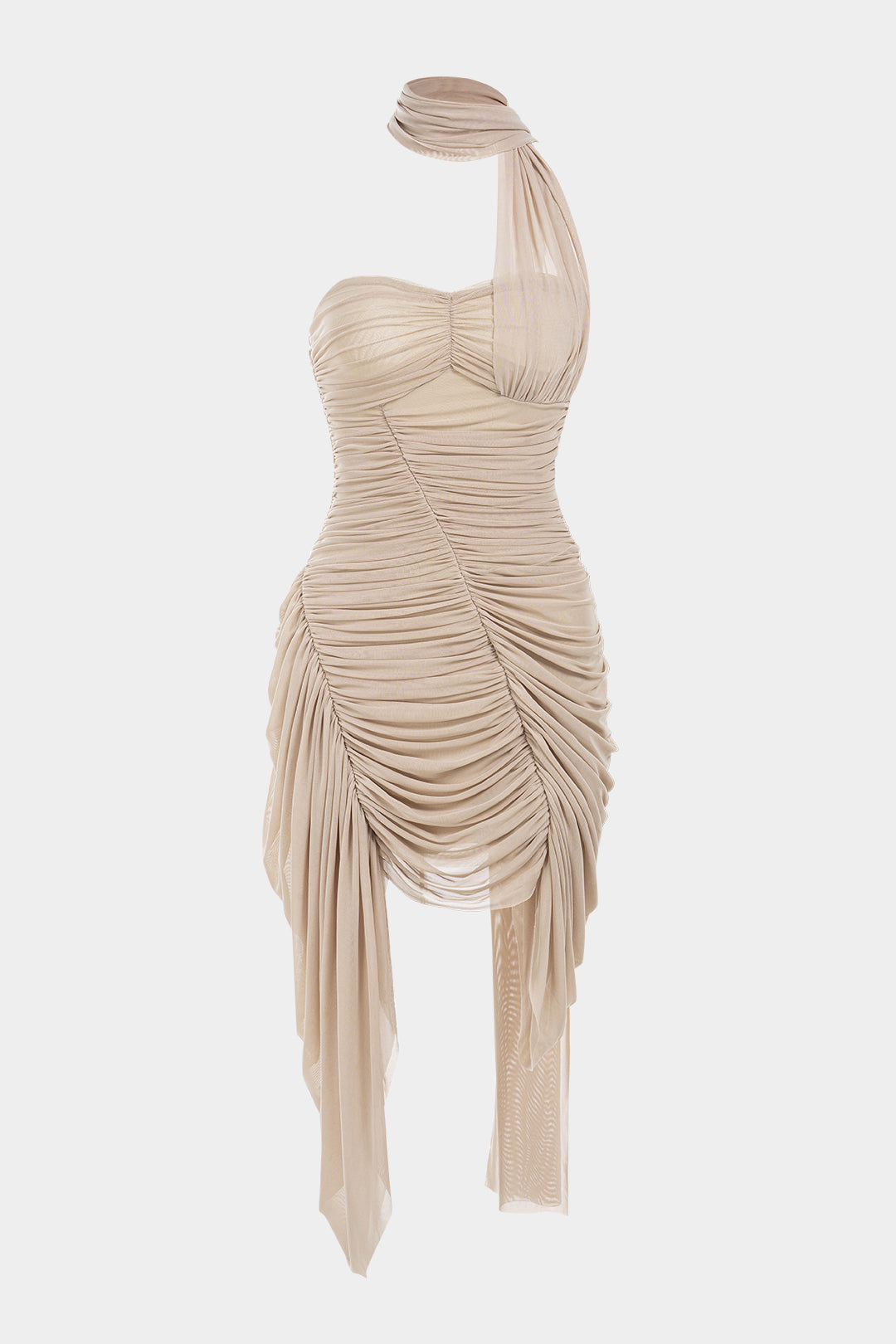 Mesh Patchwork Asymmetrical Ruched Backless Ruched Sleeveless Mini Dress With Scarf