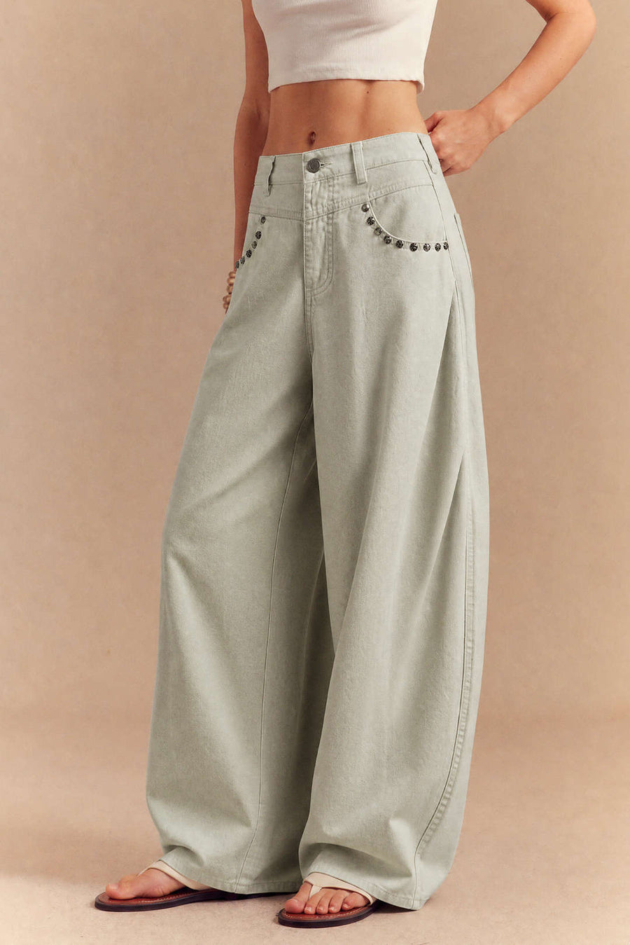 Denim Studded Rivet Ruched Wide Leg Jeans