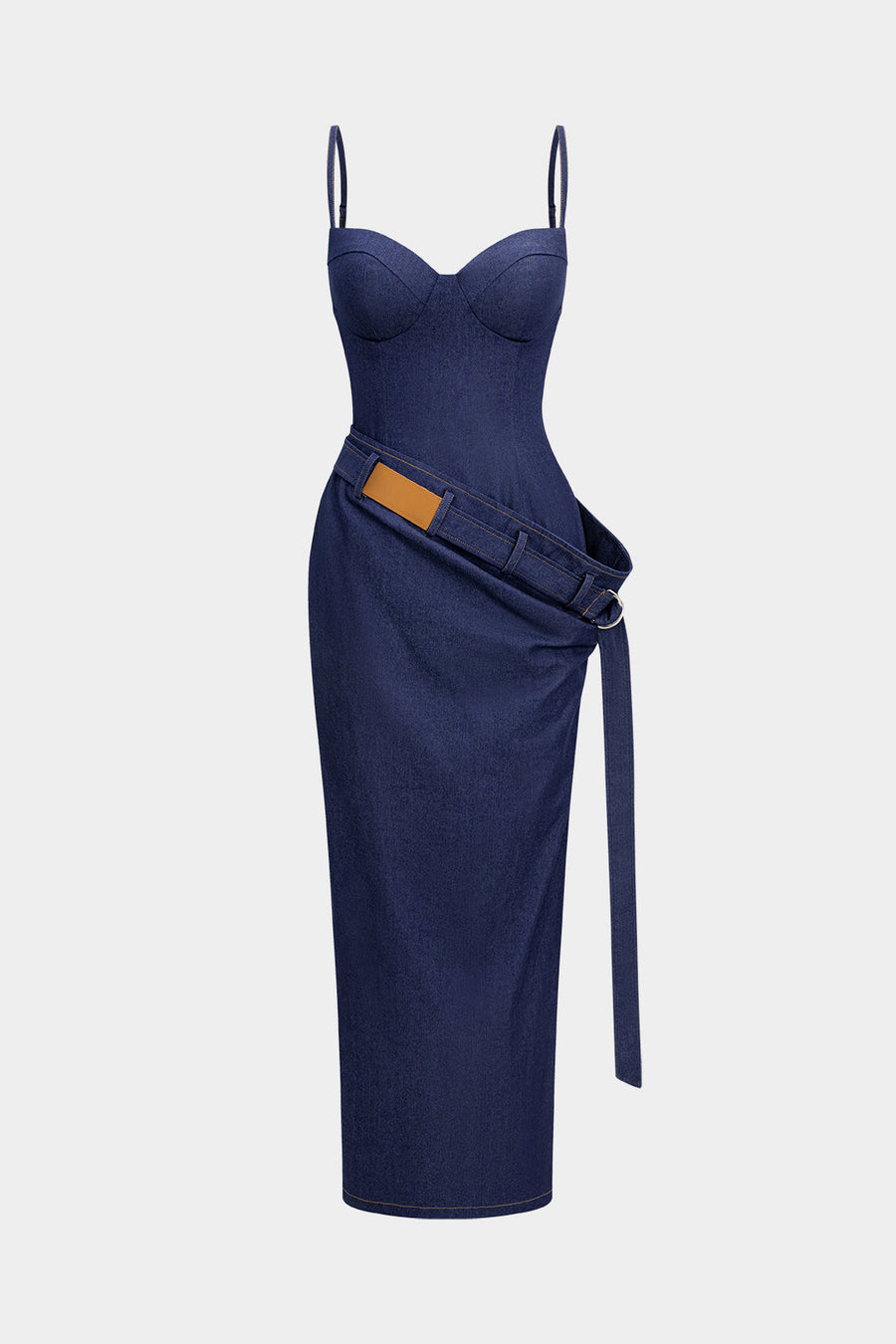 Denim-kangas, epäsymmetrinen, rypytetty bustier-malli, vyöllä varustettu, vetoketjullinen maksipuku