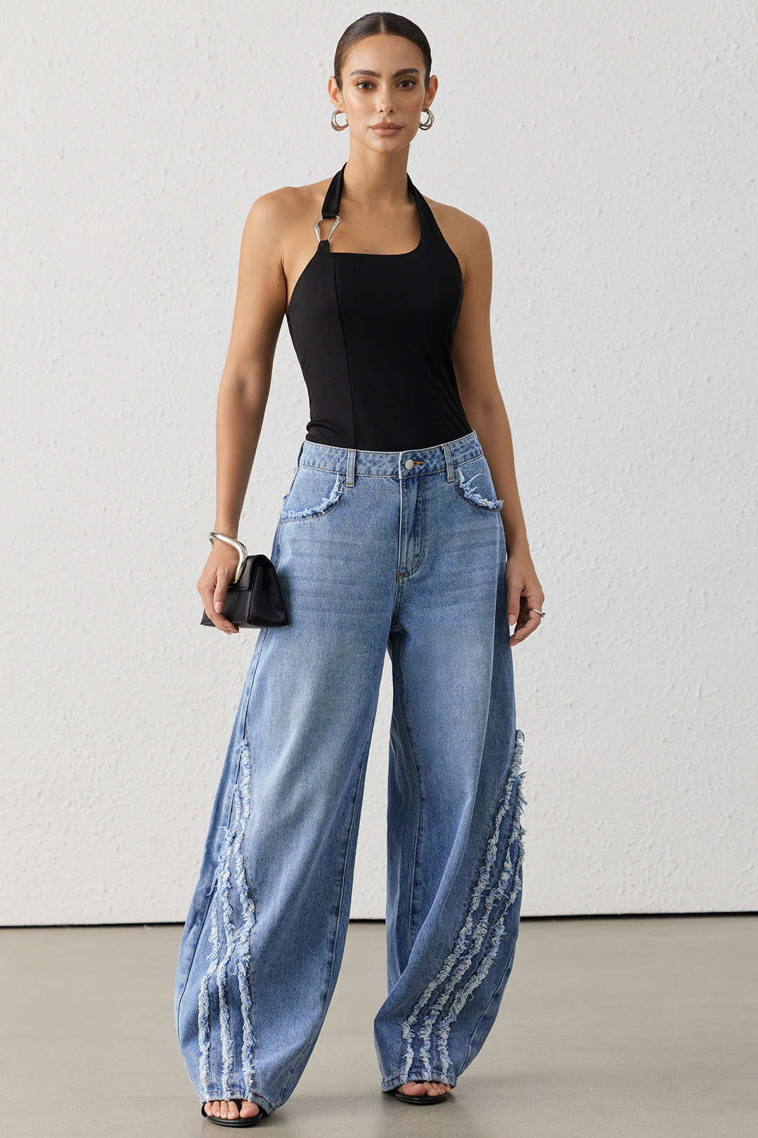 Denim Frayed Wide Leg Jeans