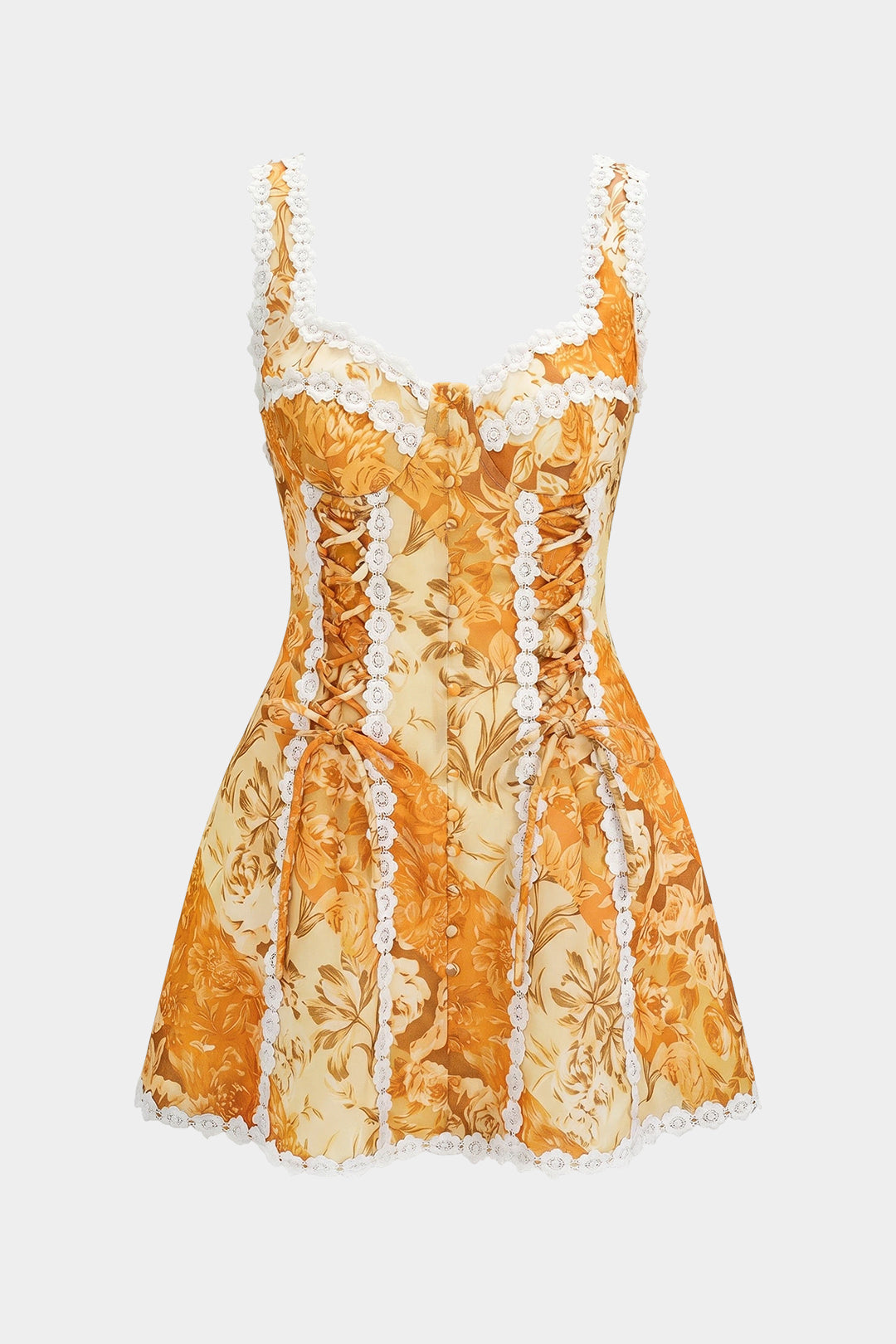 Floral Print Linen Tie Front Contrast Whipstitching Sleeveless Mini Dress