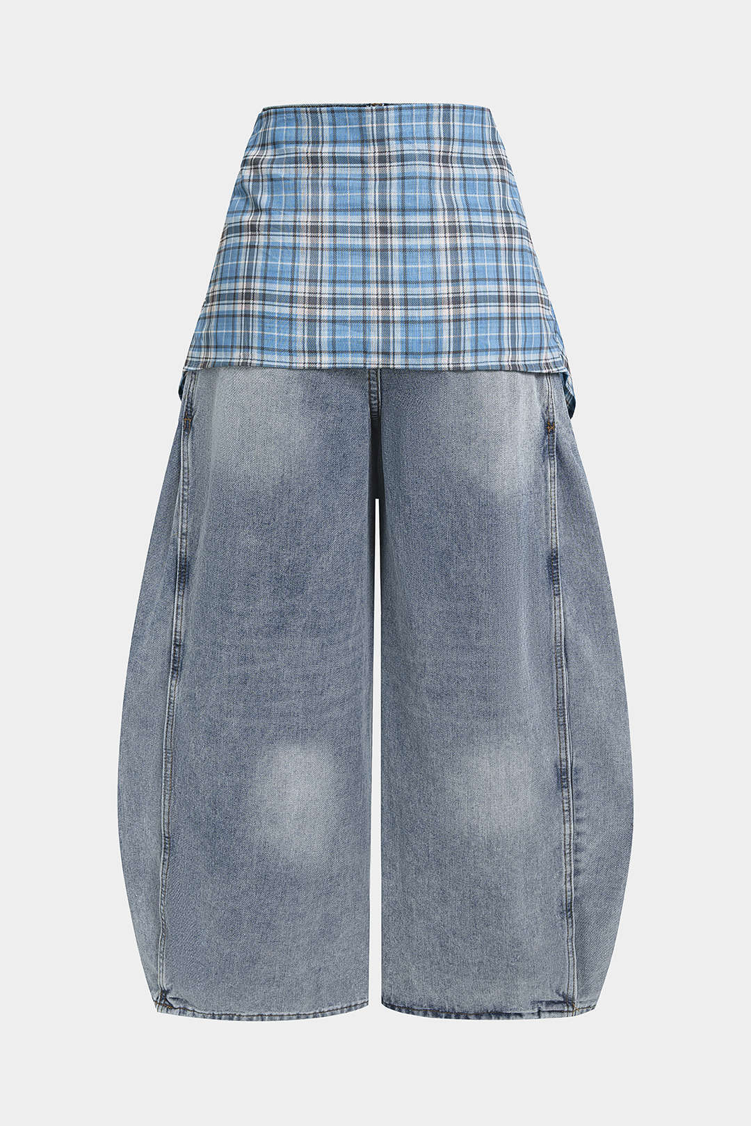 Denim Plaid Print Tie-Up Pocket High Waist Jeans