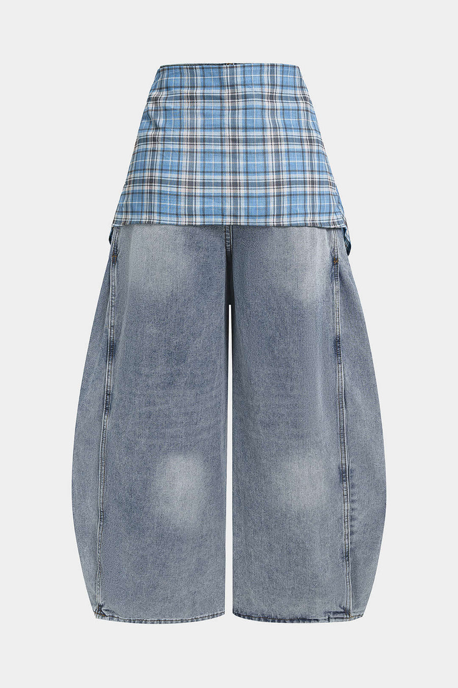 Denim Plaid Print Tie-Up Pocket High Waist Jeans