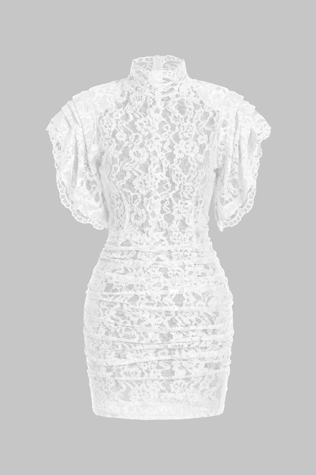 Sheer Lace Mock Neck Ruched Short Sleeve Mini Dress