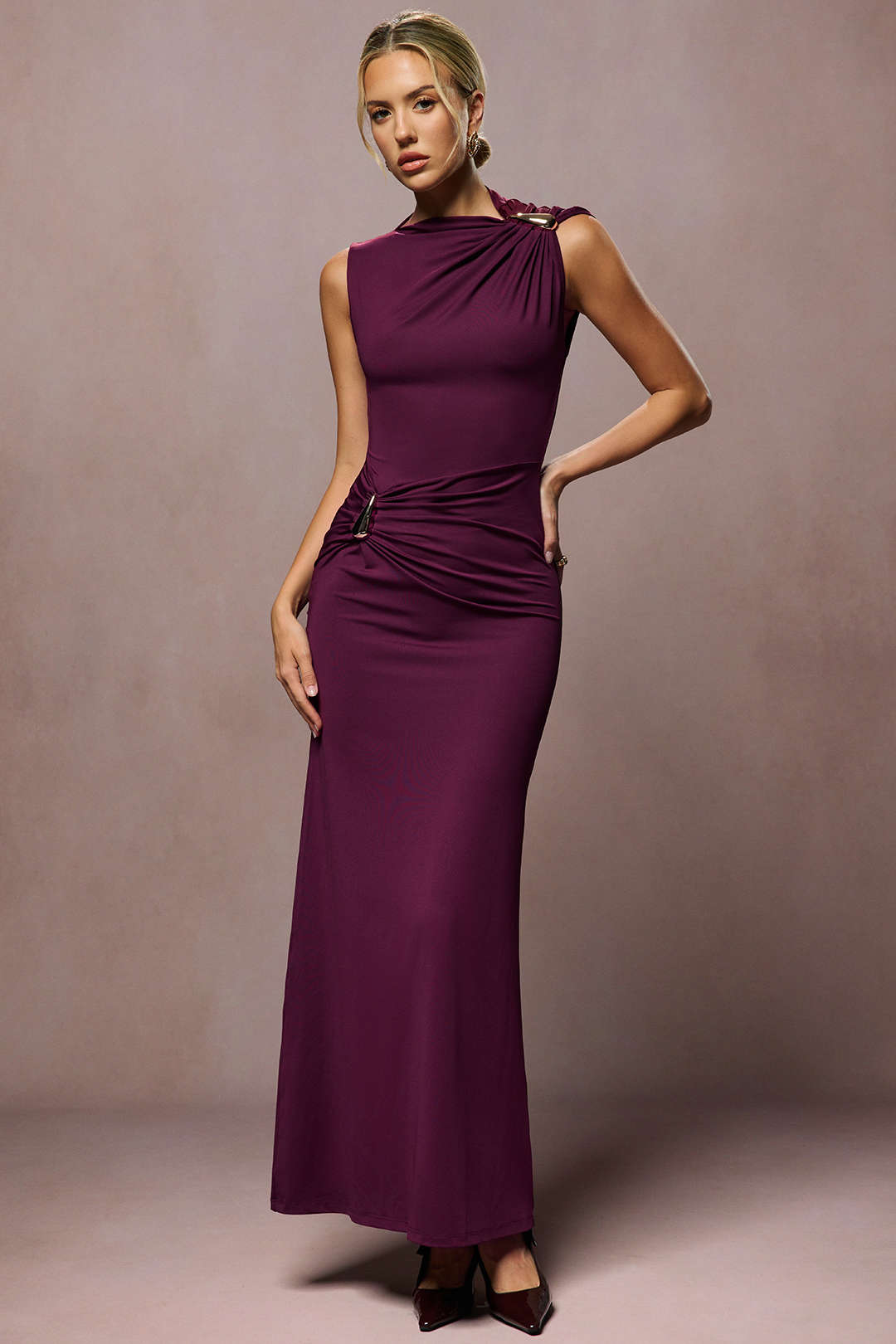 Metallic Decor Ruched Sleeveless Maxi Dress