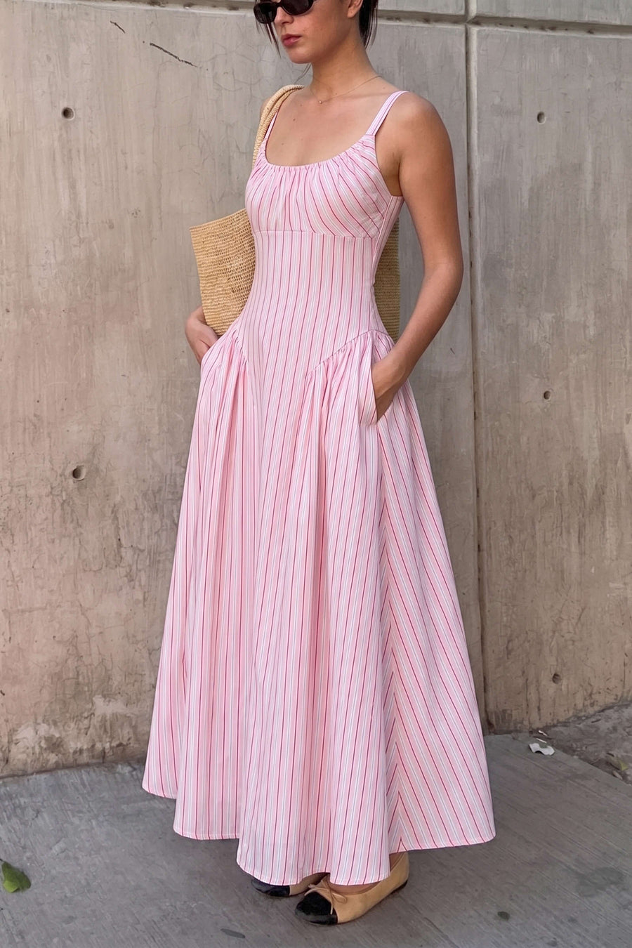 Stripes Print Round Neck Pocket Sleeveless Maxi Dress