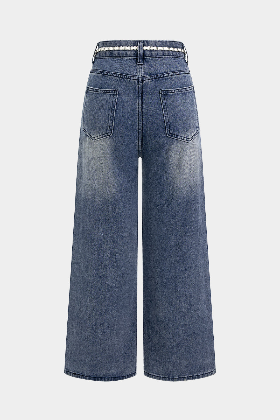 Denim Mesh Patchwork Belted Asymmetrical Rhinestone Decor Jeans
