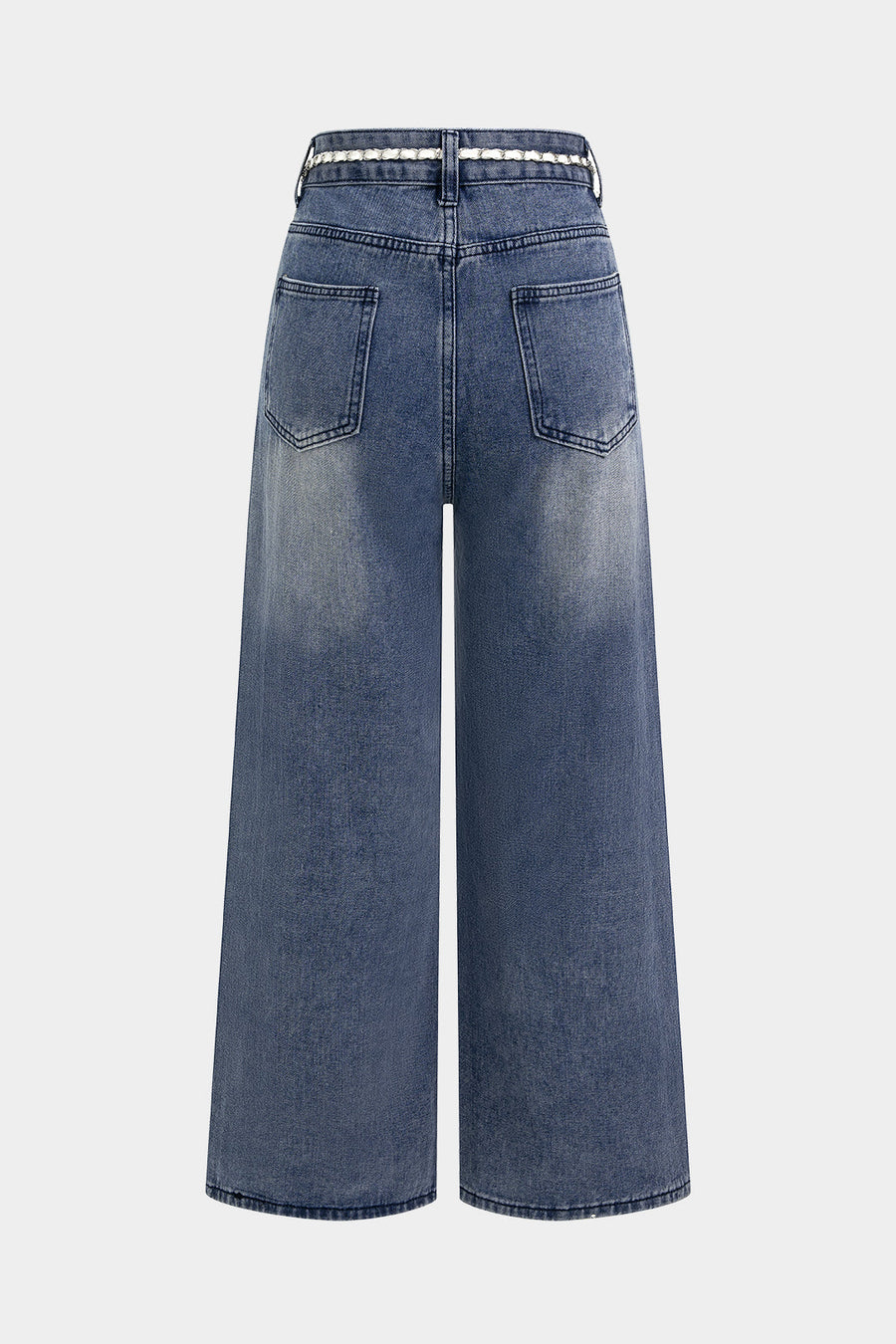 Denim Mesh Patchwork Belted Asymmetrical Rhinestone Decor Jeans