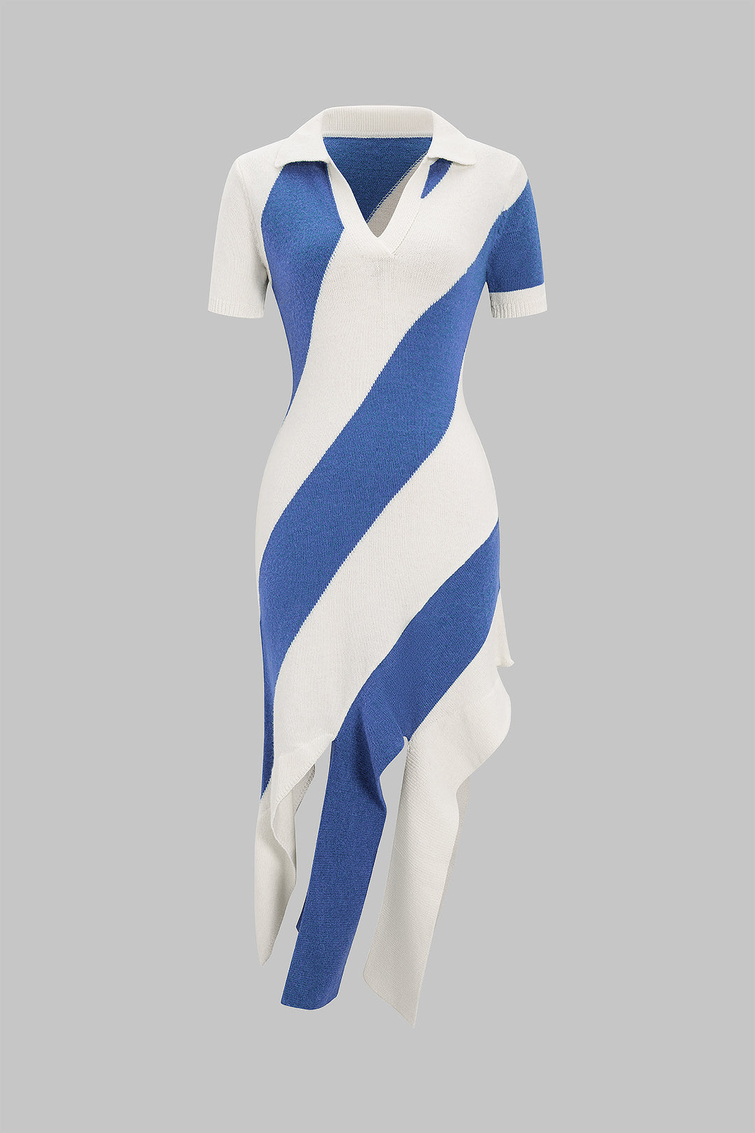 Knit Contrast Polo Collar Short Sleeve Midi Dress