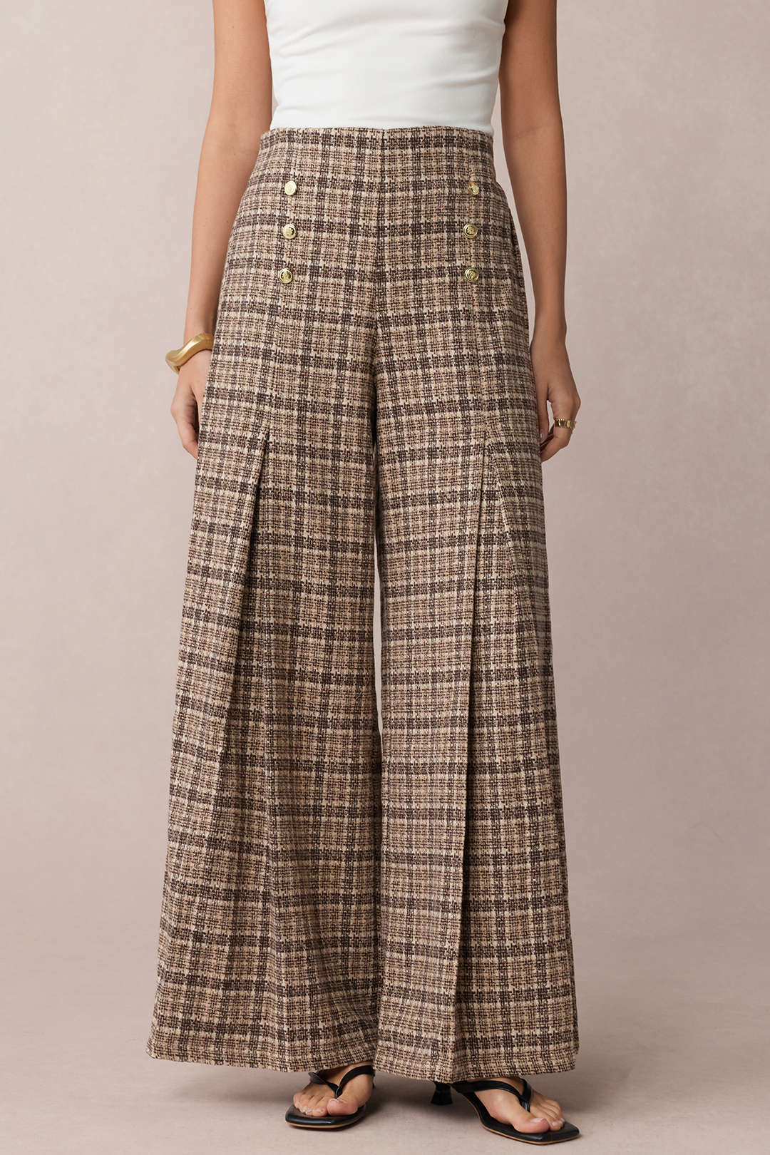 Plaid Print Double Breasted High Waist Pants