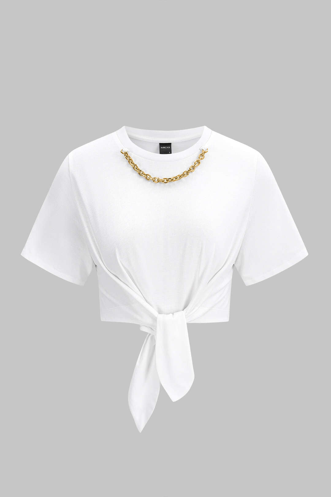 Metallic Chain Round Neck Tie-Up Short Sleeve T-Shirt