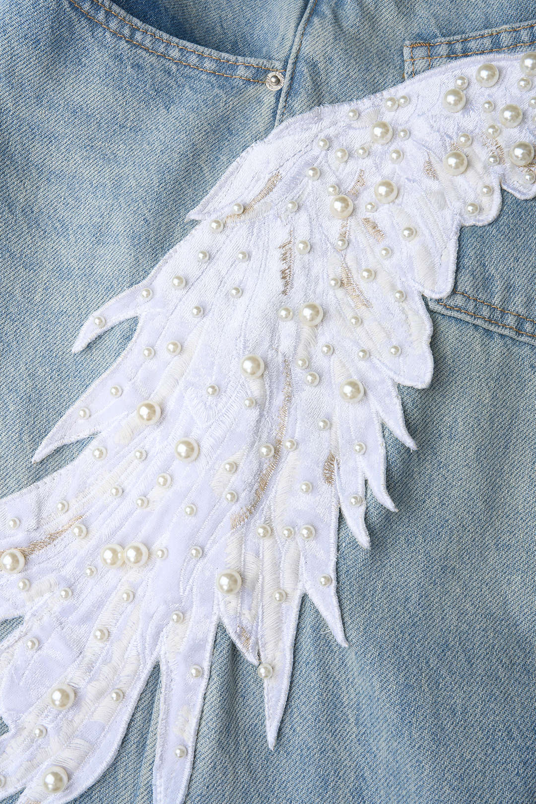 Denim Feather Pearls Decor Wide Leg Jeans